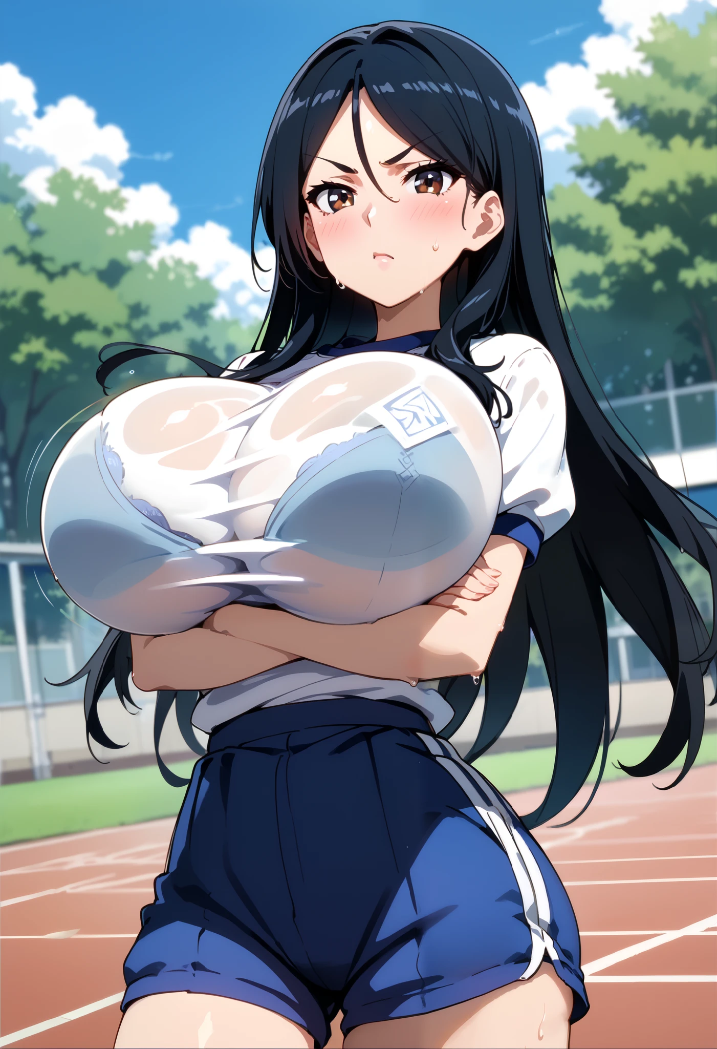 score_9, score_8_up, score_7_up, source_anime, ( anime screencap:0.5), 1girl, Alone, outdoors, school,fukiyosepony, long hair, black hair, brown eyes, hair between eyes, parted bangs, large breasts,(huge breasts),(round breasts),nalow waist,slender,curvin,sexy, glamor, gym uniform, blue gym shorts, looking at viewer,(frustrated),sweat,Very blushing, feel horny ,Estrus season,dynamic angle,crossed arms,  bare arms,v-shaped eyebrows, random color bra visible through clothes,taut clothes,(bouncing boobs:1.1)