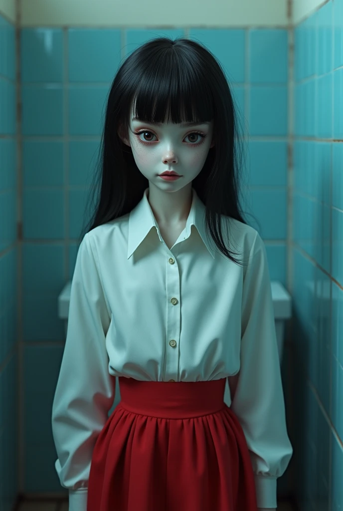 Super Real、Exquisitely crafted Japanese semi-long black hair(((Stuffed Animal Girl)))、A white surgical gown made of thin, almost transparent material、Dimly lit human taxidermy studio、Behind him is a partially constructed stuffed human body with its torso cut off.、Abandoned Hospital