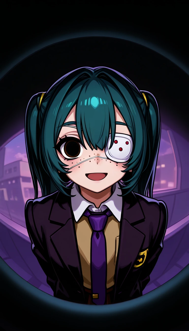    1 girl,    Hatsune Miku   , hmmonitoring, Peephole,    long hair ,    Twin Tails   , bangs,    hair between eyes,   medical eye patch  ,    school uniform, ,woman, Sideways glance ,『 Monitoring 』      Hatsune Miku     ， Looking Intriguingly ，woman,from side,， Corn ,Peek，  cute illustration of a flying eyeball  （Two），    opening mouse    , Left Eye Corn  ,Deco* 27 sides    , Peek Face with Left Eye ，  Eye Patch with Light Freckles on Right Eye  ，dark， dark cyan hair ，  White Medical Eye Patch  ，  dark black eyes  ，  eye color dark blue  ，    big eyes，   Fisheye doorscope   ，   low contrast   ， In a circle ，angle（1.9），   she has a round cloud-like font   ，，   azel-colored eyes with great attention to detail   ，    black background with round geometric pattern   ，    hair gradation    ，  dark blue green  ，   has a round geometric pattern on the outside of the round frame  , Purple Tie,   medical eye patch  , Glitch,    cowboy shot   , :d, 輝く瞳, , palm   ,      heart shaped eyes   , 
   outdoor,    Building   ,    Purple Theme ,    abstract background   , sunset, cityscape, 
masterpiece,  top quality,    High Quality  ,      high definition   , up to date,  