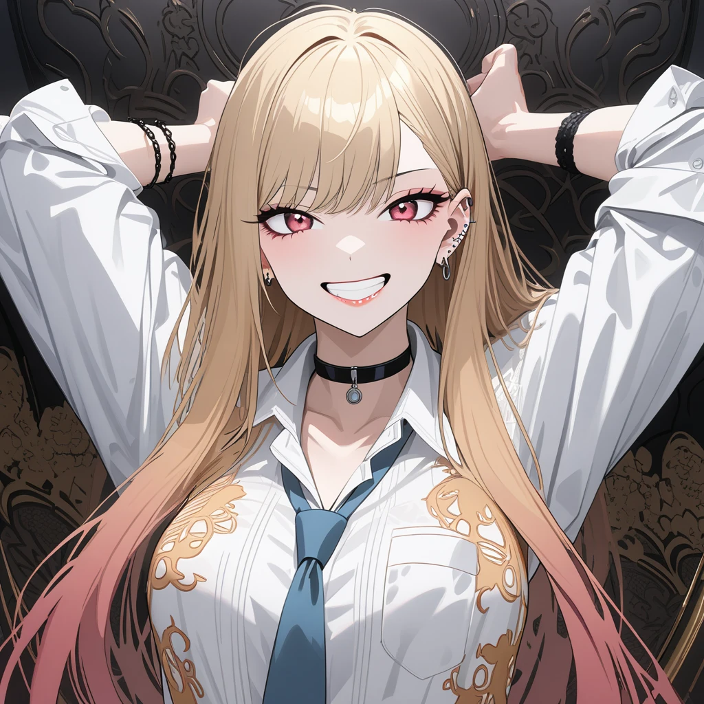 (masterpiece, Highest quality, inery aesthetic, Super detailed), Intricate details, One girl, Kitagawa Marine, sono bisque doll wa koi wo suru, Blonde, Red eyes, ear piercing, Barbell Piercing, Black choker, Collared shirt, White shirt, Earrings, Blue tie, Grin, Raise your arms, in, looking at iniewer, Upper Body,