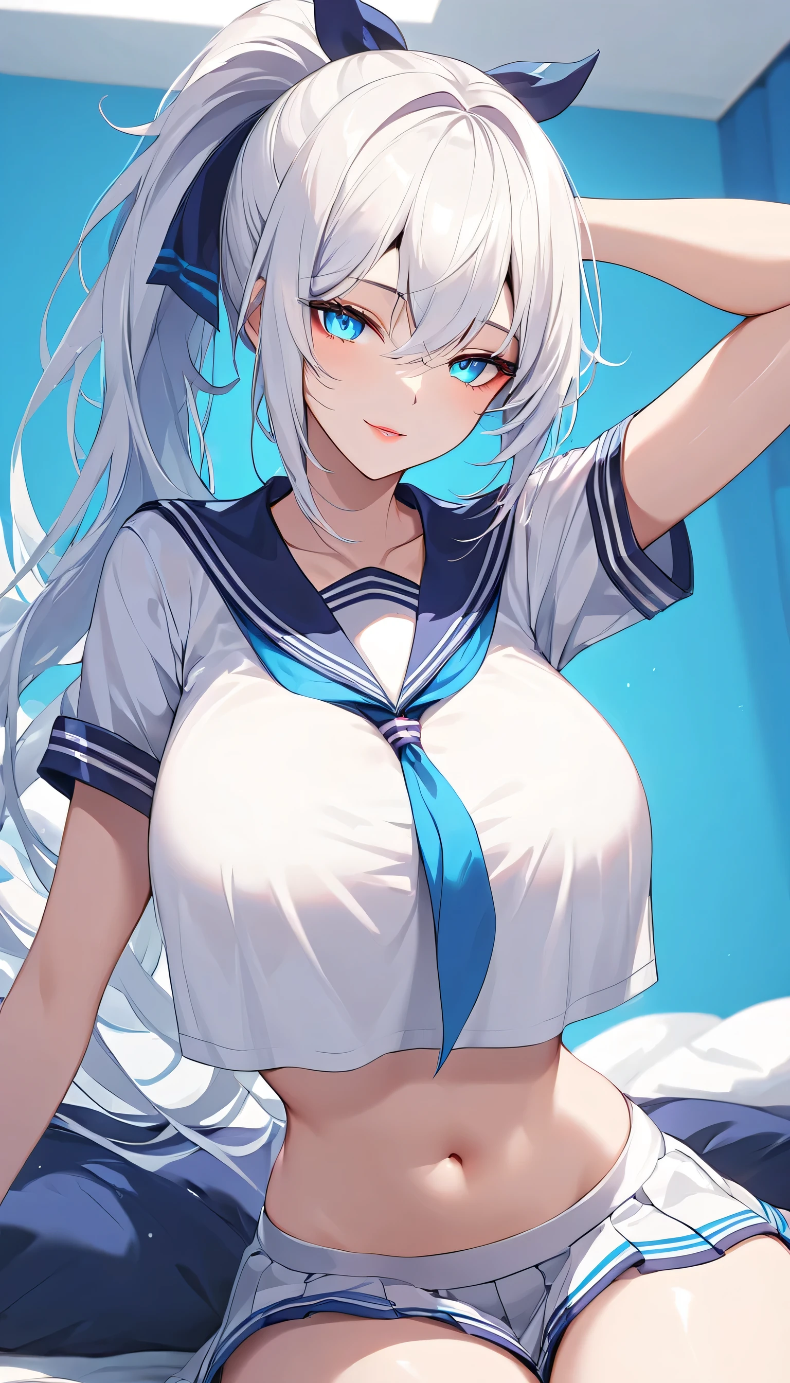 White color hair，blueneyes，Long hair single ponytail，Meow woman，The kinky is exposed，delicated，nakeness，Unoccluded，seductiv，cat ear，full bodyesbian，No underwear，ultra-transparent underwear，A coquettish expression，big-breasted loli，slightly fat big breasts，nudegirl，white stockings，Open your breasts，JK sexy school uniform