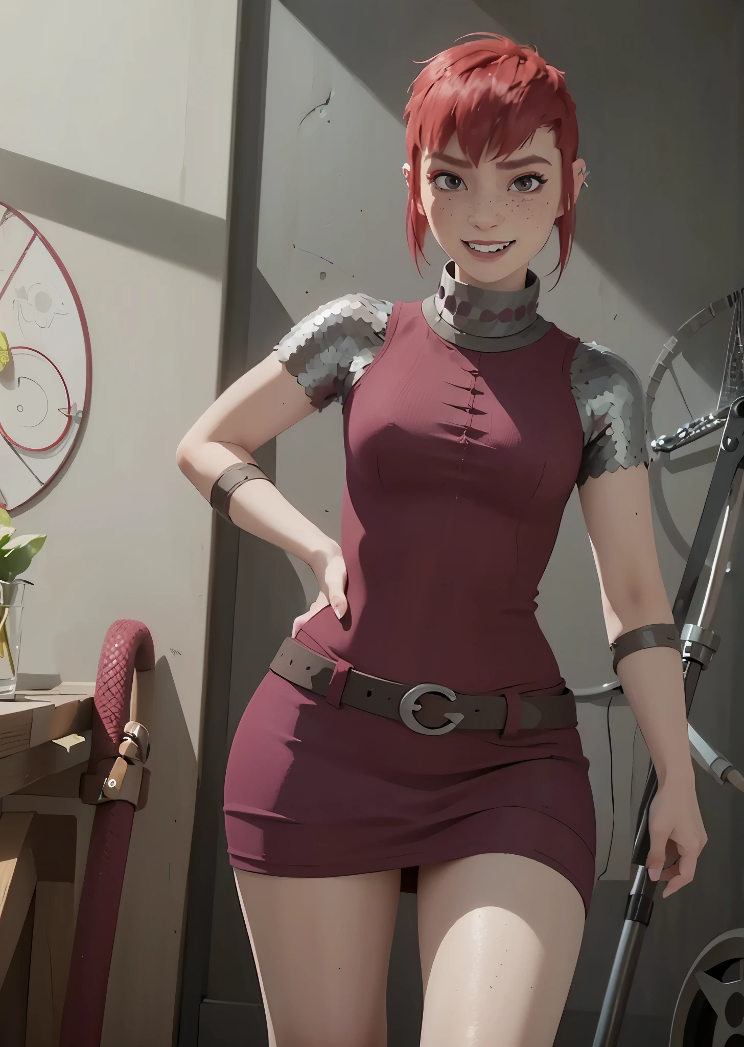 ((nfnimona,)), ((nimona neflix)), ((masterpiece)), ((high resolution)), ((3D rendering)), {(thicc figure), (freckles), (maroon eyes), (half lidded eyes), (long eyelashses), (pink eyeshadow), (short red hair), (smug grin), (sharp white teeth)}, {(red sleevless top), (brown pencil skirt), (brown belt on waist), (chainmail under clothes)},