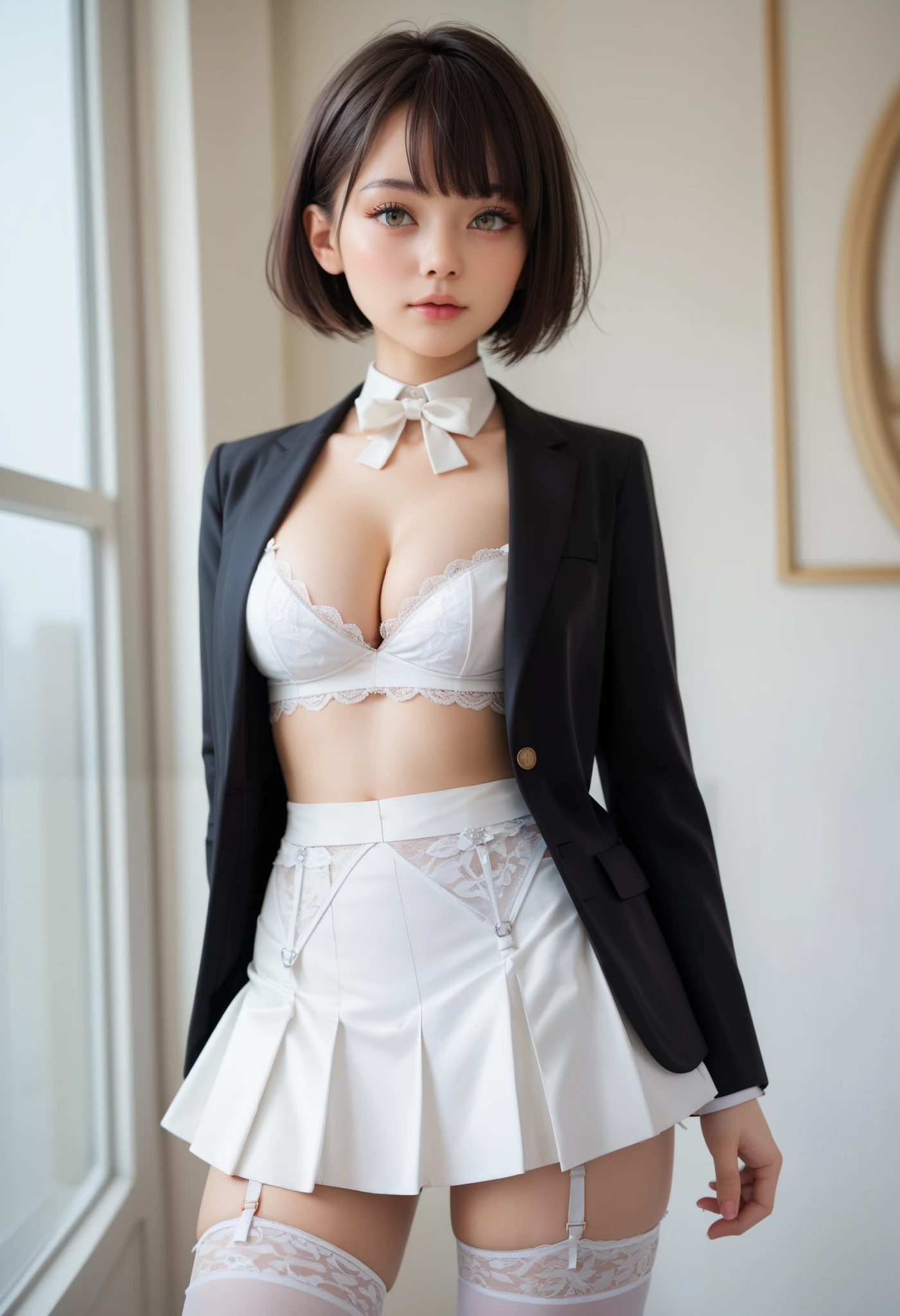 最高品質のwork,actual work,Ultra Premium Graphics,8K HD CG Operation,High quality graphics,고화질 CG work,10x pixels,Extremely fine detail:1.1,Advanced Technical Details:1.1 Real,(階段に足を組んで座っているgirl)Natural light:1.5. Lighting Effects(virtual Lighting Effects:1.8),Short Bob Hair,Black Hair,Transparent Hair,Hair with attention to detail(Premium Hair Detail:1.1)Clear Eyes,The double eyelids are beautiful,Sharp eye makeup, Delicate eyelash makeup, Thin eyebrows, Very fine grain,High nose, I like red lips, Rose Cheek, A face with subtle makeup , Cute Face, Perfectly balanced face,(Advanced Face Detail:1.1),The Shining,very coolドレス,Bright Red Series,((Front open wet black blazer)) 、(透け感のあるWet白いブラウス)、(Red bow tie)、White panties)、、girl 、photo shoot,woman'work,Full body portrait,realism,very cool,My eyes are shining today too、(8. she'that'Wet)),(,(I can see your pants)、Nipples showing through,