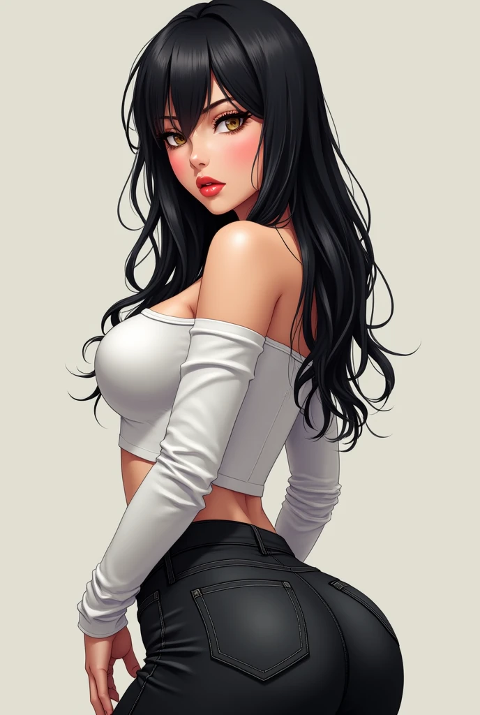 A mother hot latino girl, darker colered skin (spanish) colered skin, with big assets, wearing a black shirt and shorts, and long black hair, smiling