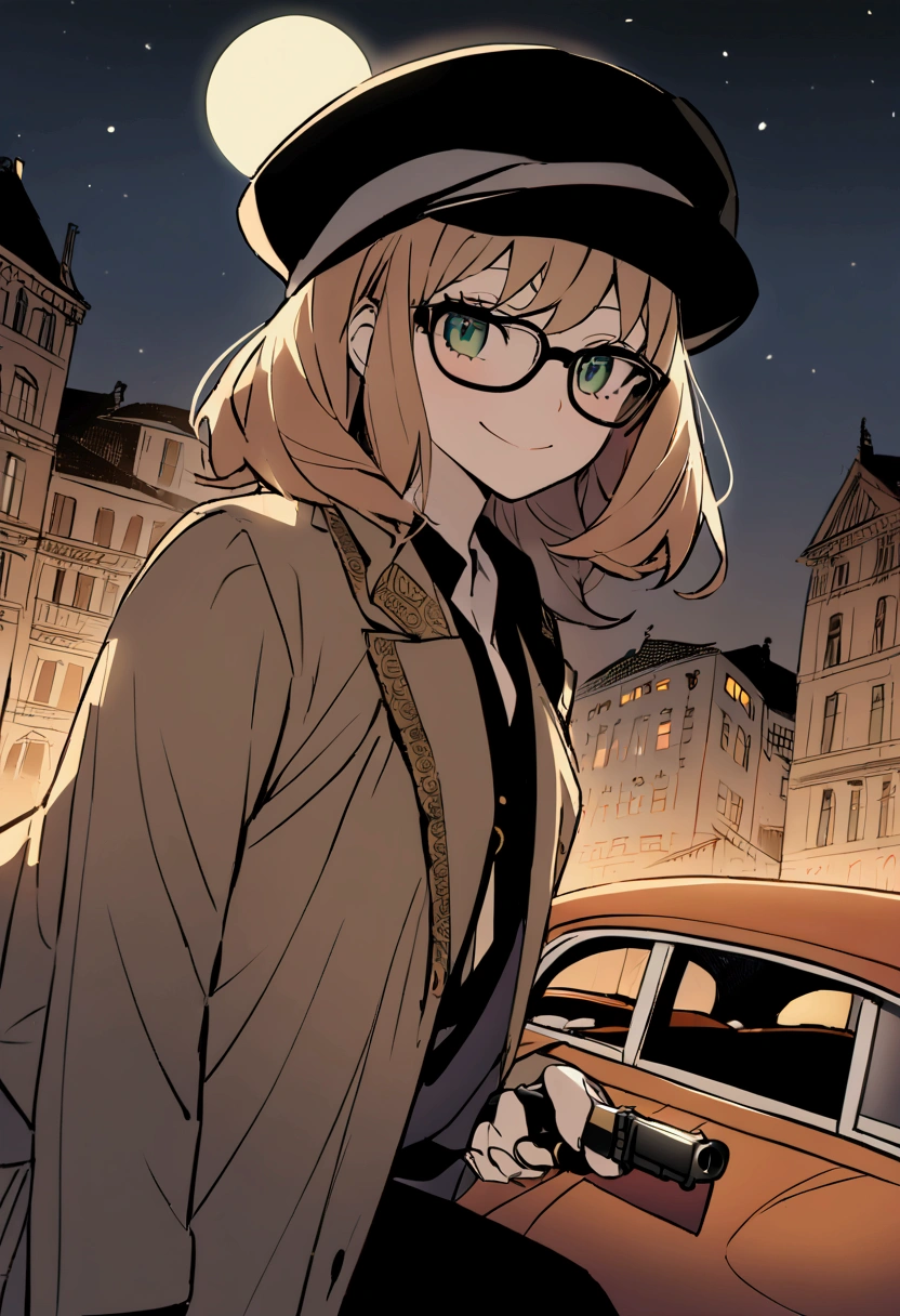 masterpiece), best quality, Anya Forger from Spy X Family dressed in Italian Mafia clothes with black glasses wearing a gangster hat and a brown overcoat in the city with a 1920 Thompson Submachine gun in her hand on top of a 1928 Cadillac Town Sedan car view of period Italian buildings at night with the full moon appearing looking at the smiling view