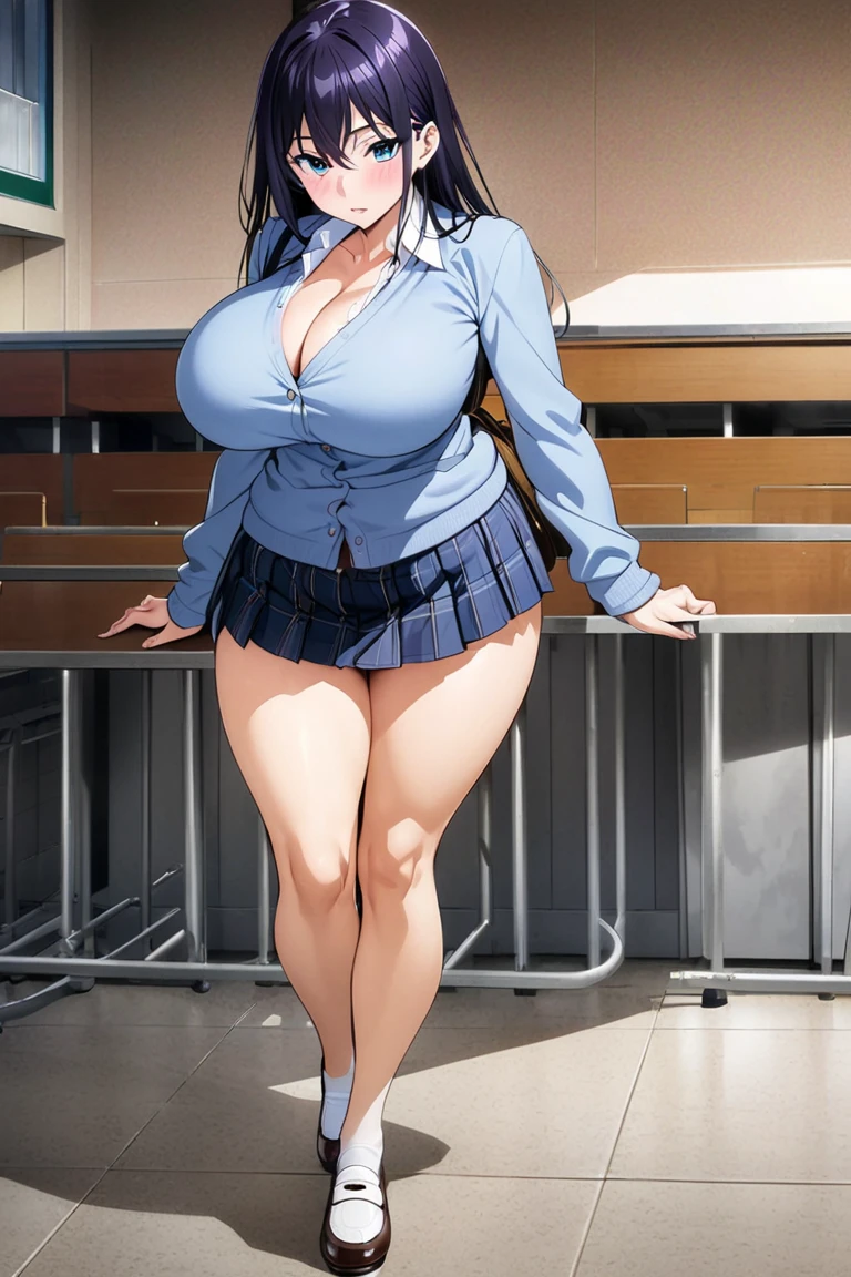 Solo highest quality, masterpiece, Very detailed CG, Highly detailed 8K wallpaper, indoor, classroom, masterpiece, highest quality, extreme details, Plump anime style, sharp focus, intricate details, 1 girl, huge breasts, High resolution, white school shirt, navy blue skirt, 8k, Tomboy, black hair, brown eyes, woman, Fair skin, sensual, short black hair, high high school girl, Are standing, hourglass illustration, cool face, short hair, sharp and cool face, calm expression, Fair skin, quite tall, full body shot, high school girl, white shirt, brown eyes, huge breasts 1.8,big butt,big waist,plump legs,plump calves, plus size, Erotic manga taste, mature woman, mature womanセーラー,