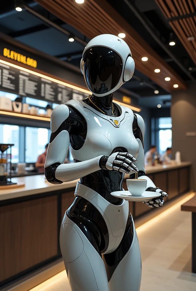 symmetra2,dark skin, brown eyes, long black hair,blue dress,headgear,mechanical arm,single mechanical arm, looking at viewer, smiling, upper body shot, sitting, behind a table, inside cafe, mug of hot chocolate, romantic ambiance, high quality, masterpiece, <lora:Symmetra:.7>