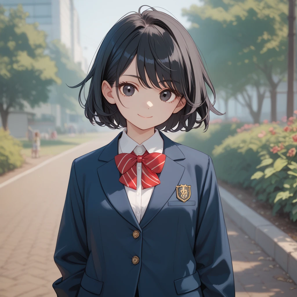   top quality, (15yo:1.0),  black hair, bright hair, medium wolf cut hair, swept bangs, school uniform, Unbreakable fingers,  top qualityの指, smile,  closed mouth, Dark Eyes,  blazer, Navy blue clothes,  Red Ribbons , ish, Round eyes, School,