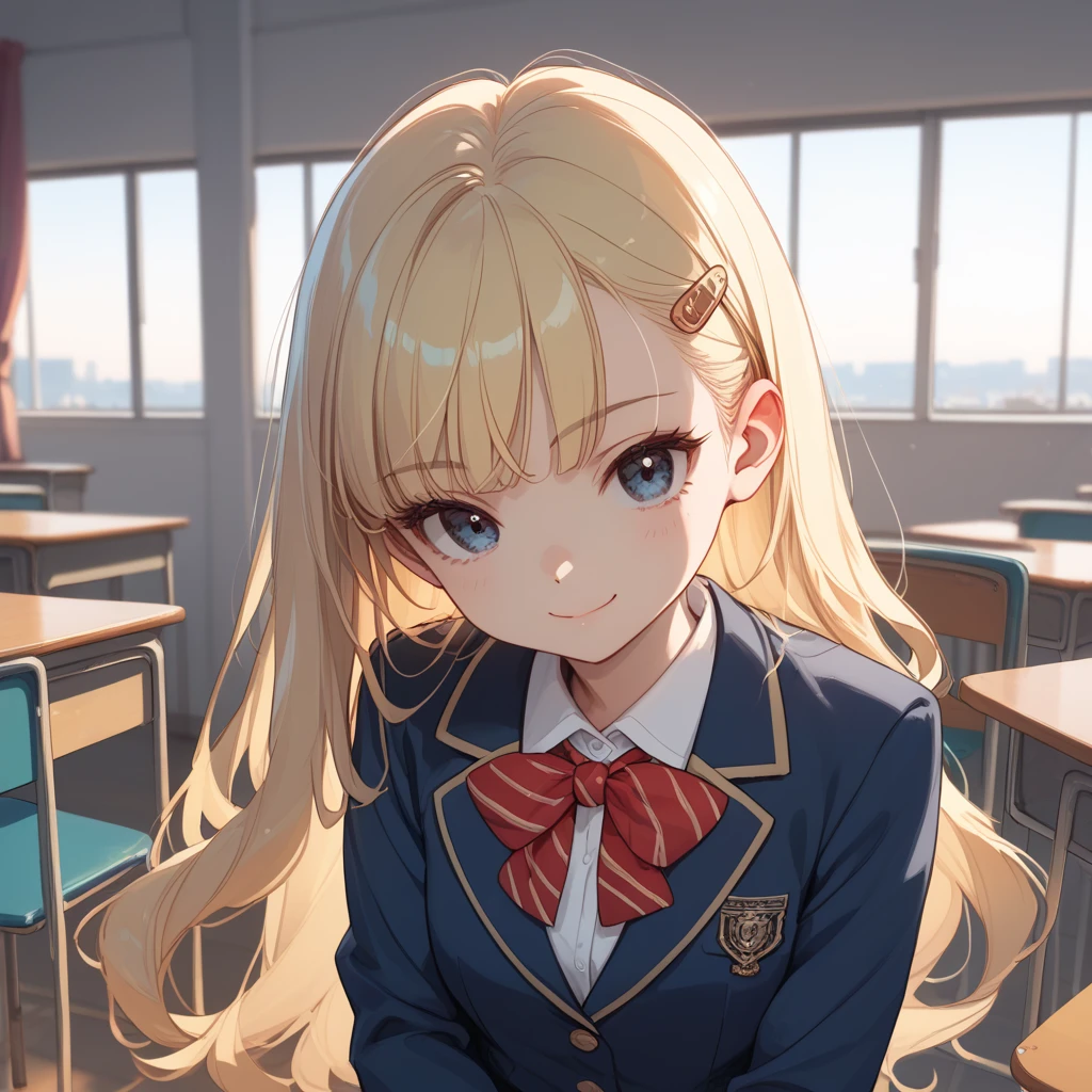  top quality, Unbreakable fingers,  top qualityの指, 1 girl, Anne Chatelaine, (14yo:1.0),blonde hair, bright hair, long hair, school uniform, in school, seductive smile, Dark Eyes,  blazer, Navy blue clothes,  Red Ribbons , (small), indoors,Grown up smile,Cold Eyes,