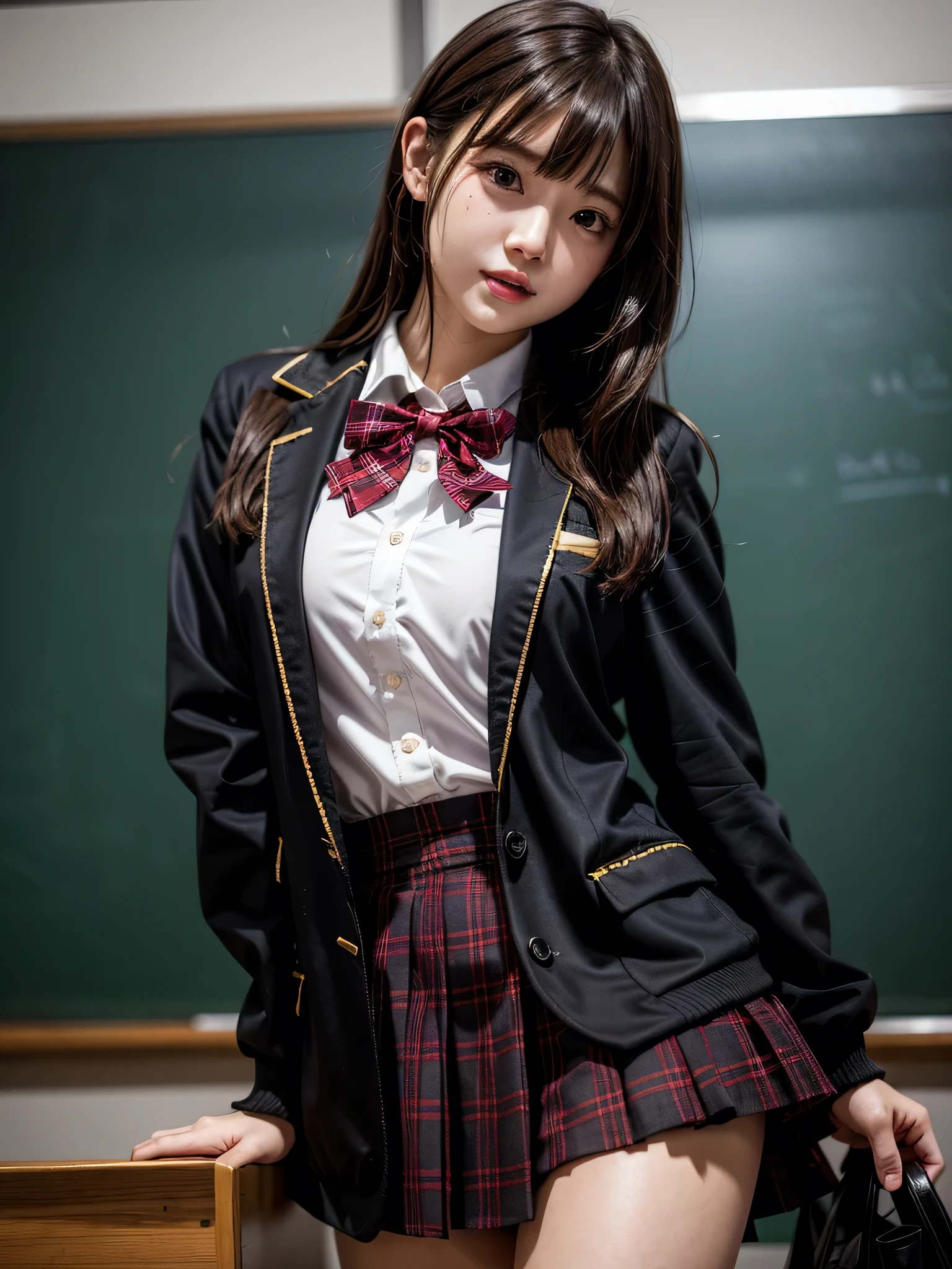 Panties Small、classroom、((Embarrassing))、1girl, brown hair, long hair, bangs, brown eyes, medium breasts, red bowtie, school uniform, black jacket, open jacket, brown cardigan, white shirt, black skirt, plaid skirt, high school girl, blush, White underwear is visible, droopy eyes, shiny skin, glamorous, voluptuous, beautiful breasts, beautiful ass, cute face, Japanese idol, real person, front view, dynamic angle, 