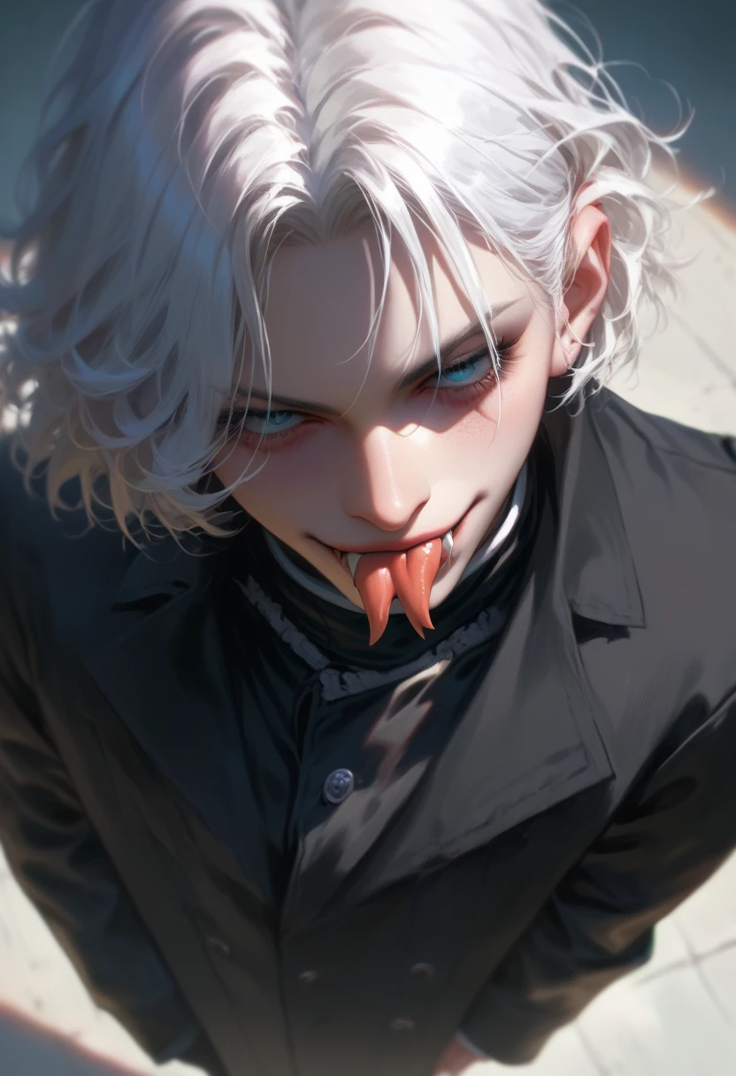  score_9,  score_8_above,  score_7_above,  forked tongue ,  Tongue out, aboveper body,  looking at the spectator,  seductive smile, 1 ,  Gojo Satoru,  white hair, black sale,  black jacket , high neck,  long sleeves, perfecteyes,