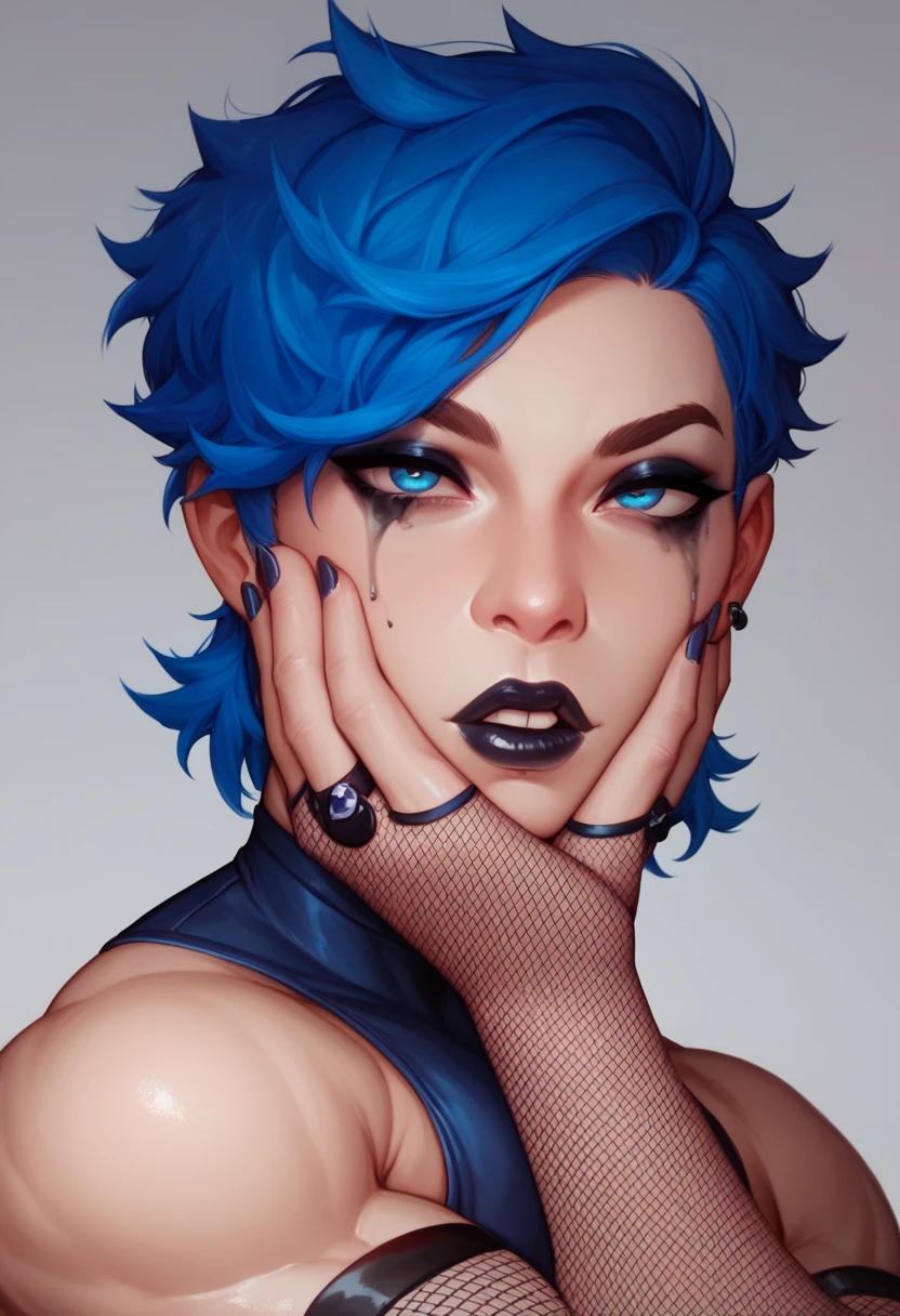 Handsome 18 year old guy
Effeminate
Blue eyes 
Short messy blue hair
Wearing feminine blue gothic style clothes
Long fishnet stockings
Long gloves
Thin and delicate body, without muscle 
Well-done makeup
Thin black lipstick 