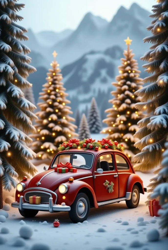 a car decorated by Christmas decorations, ornaments, fairy lights, garlands, ribbons, bells, bows, wreath, winter scenery, snowy landscape, mountains, pine trees, (best quality,4k,8k,highres,masterpiece:1.2),ultra-detailed,(realistic,photorealistic,photo-realistic:1.37),HDR,UHD,studio lighting,extreme detail description,professional,vivid colors,concept art