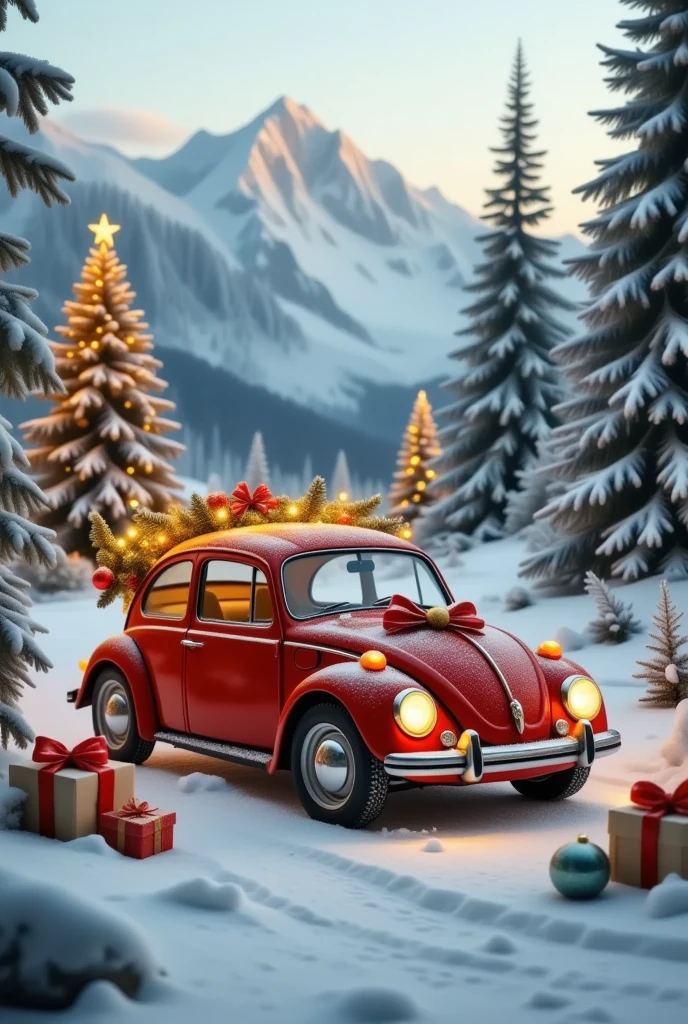 a car decorated by Christmas decorations, ornaments, fairy lights, garlands, ribbons, bells, bows, wreath, winter scenery, snowy landscape, mountains, pine trees, (best quality,4k,8k,highres,masterpiece:1.2),ultra-detailed,(realistic,photorealistic,photo-realistic:1.37),HDR,UHD,studio lighting,extreme detail description,professional,vivid colors,concept art