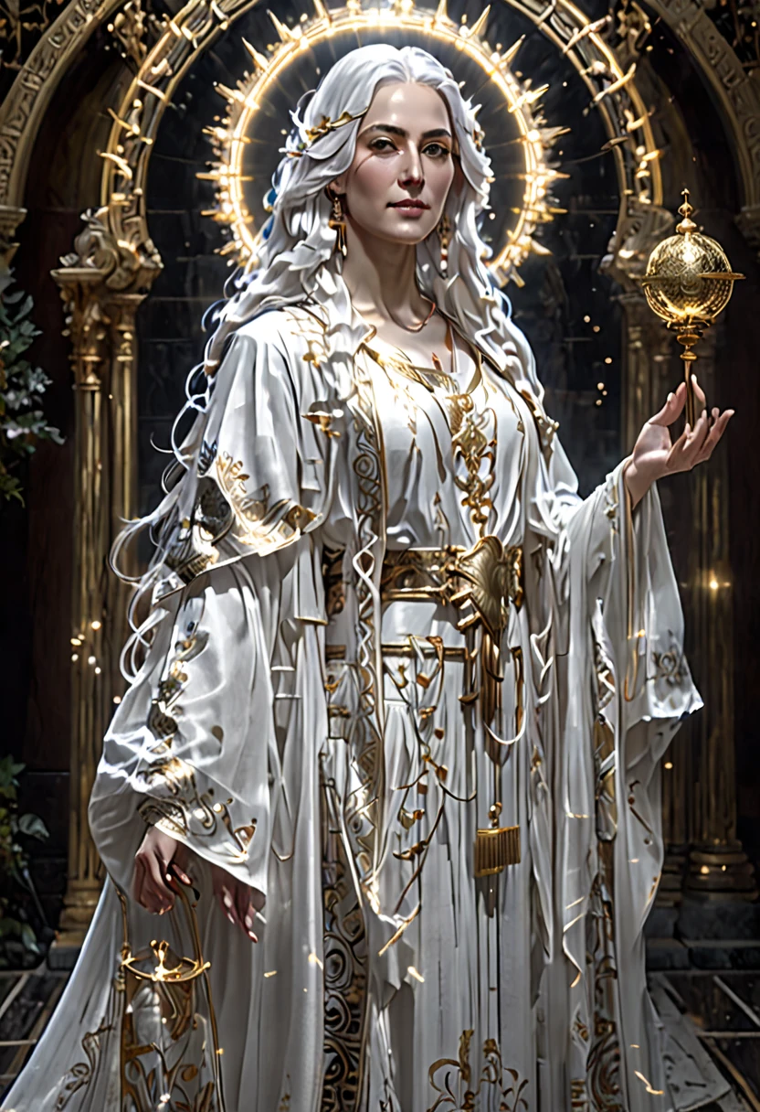 the goddess of justice, standing in a majestic pose.( She has long, snow-white hair) flowing like silk, with a neat blindfold symbolizing impartiality. The goddess is dressed in elegant white and gold robes with delicate decorative patterns emphasizing her divinity. In one hand, (she holds an ancient gold scale), symbolizing balance and justice. The background should be marble or celestial, with a slight glow, creating an atmosphere of grandeur and divine light (4k) full hd