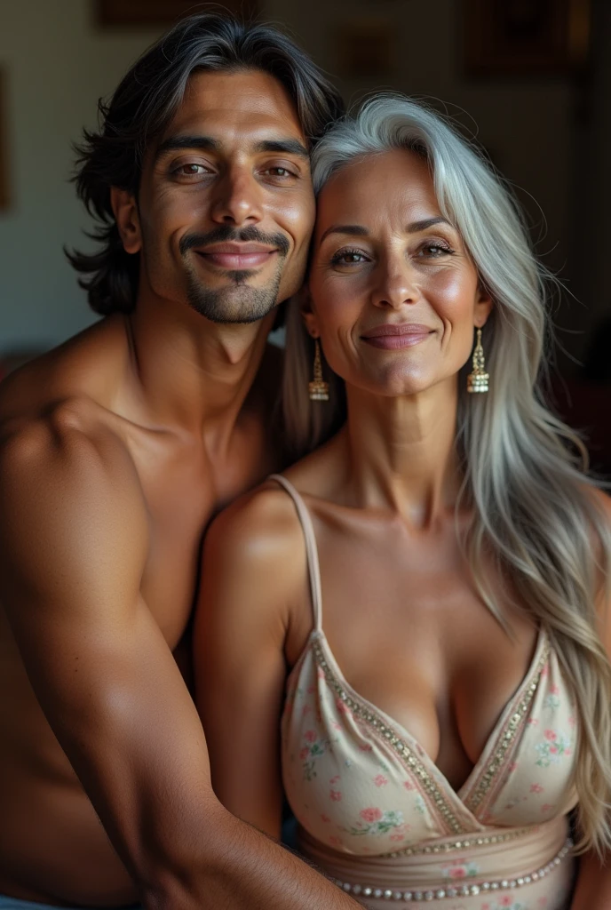 18 year old son hugging behind his 49 years old white hair mother naked standing in the bathroom