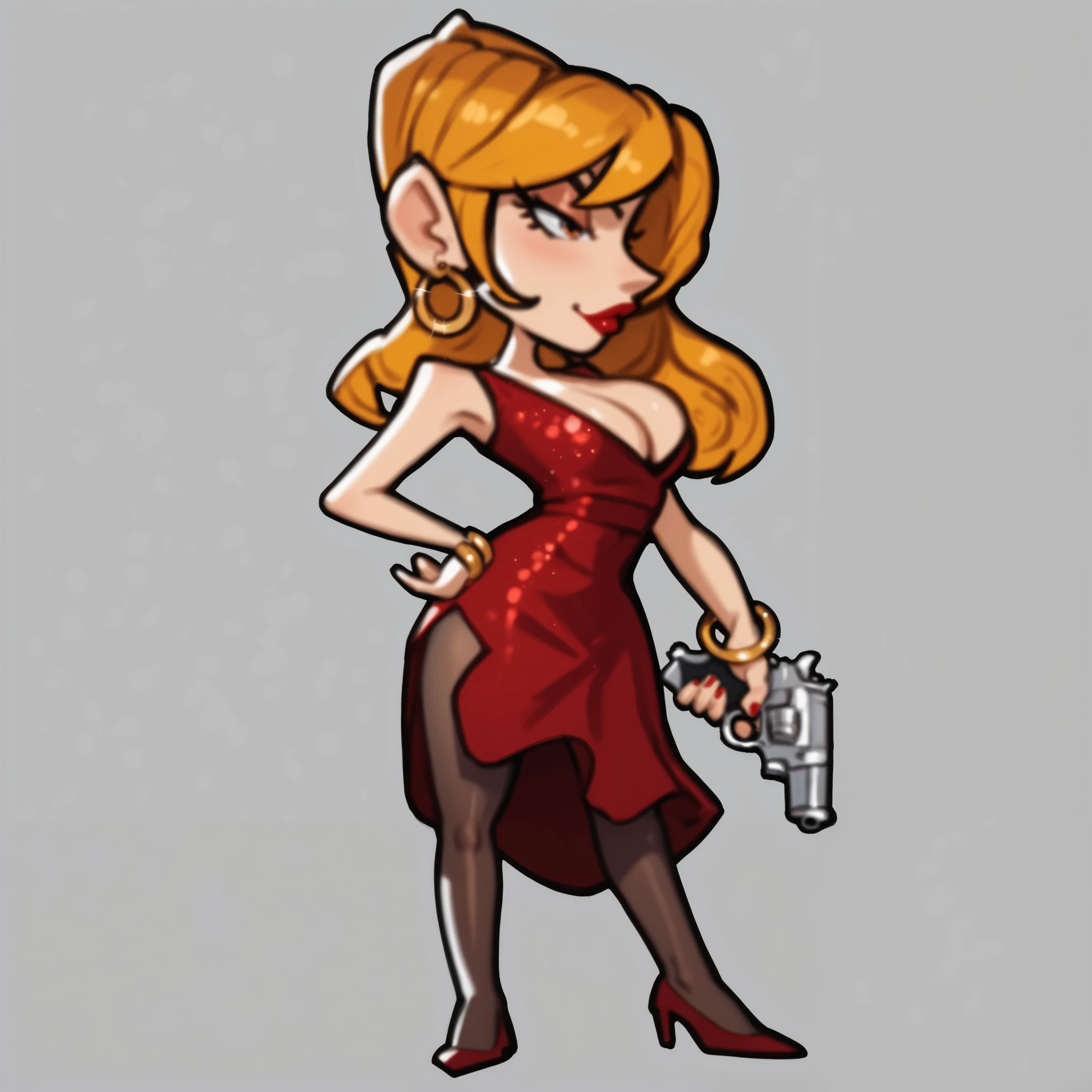 Cartoon Characters,A sexy blonde girl , blonde ,Standing sideways,Red low-cut dress, blonde hair,Large gold hoop earrings,Left hand on waist,右手拿着一把Revolver,Revolver, wear black stockings , red high heels ,UE5 Rendering, cartoon style , comic style