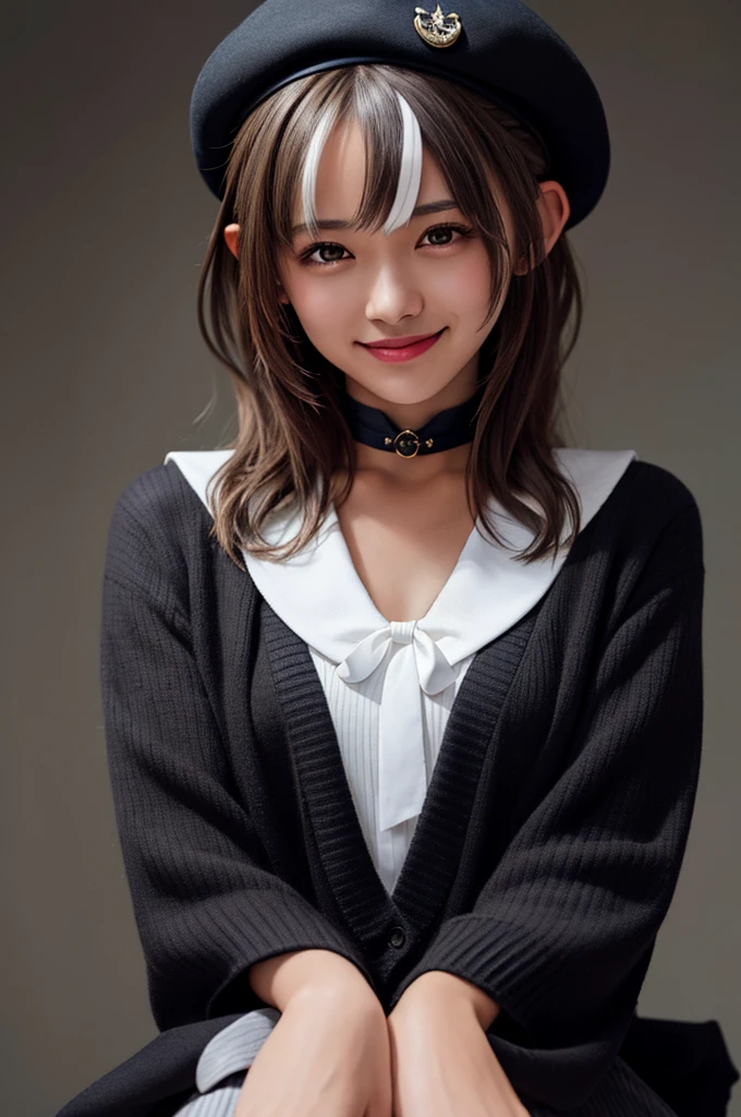 masterpiece、 top quality、 highly detailed faces、 extremely detailed eyes、 very detailed background、 Full Photo、whole body、Feet outside the frame、 1 girl、solo、Shiranui Flare、 Dark Elf、 grey dress、 black cardigan 、 black ribbon、Beret、 sailor color、 French Braid 、 stripe 、 choker 、smile、 medium hair、 long bangs 