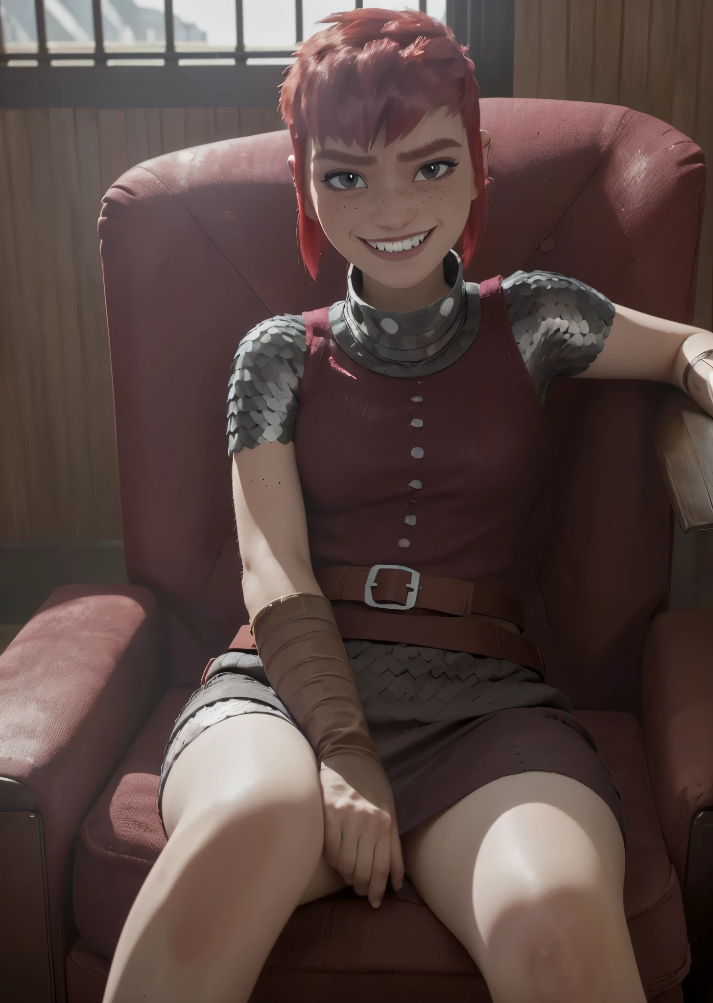 ((nfnimona,)), ((nimona neflix)), ((masterpiece)), ((high resolution)), ((realism)), {(thicc figure), (freckles), (maroon eyes), (half lidded eyes), (long eyelashses), (pink eyeshadow), (bushy red eyebrows), (short red hair), (smug grin), (sharp white teeth)}, {(red sleevless top), (brown pencil skirt), (brown belt on waist), (chainmail under clothes)}, {(sitting in armchair), (legs crossed)}, 