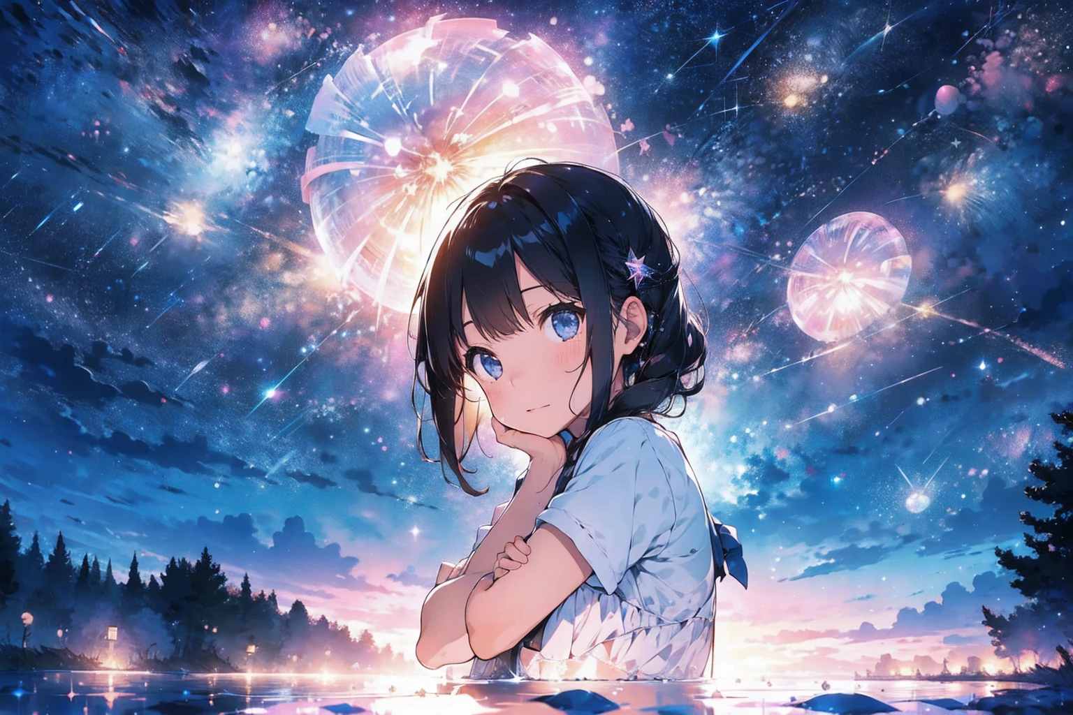  sparkling underwater fireworks ,Cinema Light, starry sky ,The surface reflects the starry sky , white whales swim in the sky, 1 girl