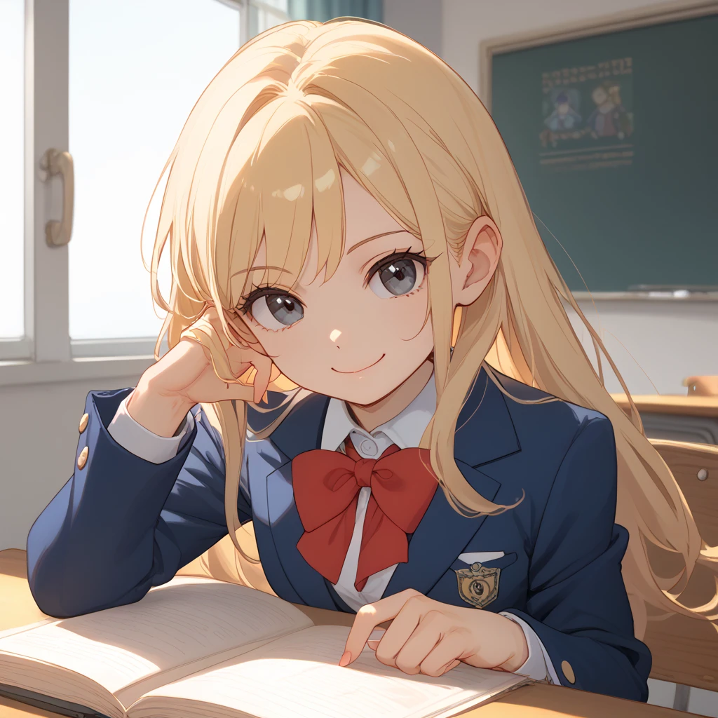  top quality, Unbreakable fingers,  top qualityの指, 1 girl, Anne Chatelaine, (14yo:1.0),blonde hair, bright hair, long hair, school uniform, in school, seductive smile, Dark Eyes,  blazer, Navy blue clothes,  Red Ribbons , (small), indoors,Grown up smile,Cold Eyes,