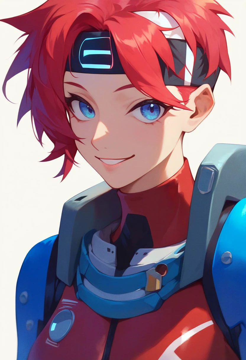 masterpiece,  top quality,  very aesthetic,  absurd,
 1 girl, kouzuki coolen , Red Hair,  short hair,  blue eyes,
 flip hair ,  headband ,
 Bodysuit ,  pilot suit, red  Bodysuit ,
 upper body, smile, Alone, looking at viewer, simple background, White background, 