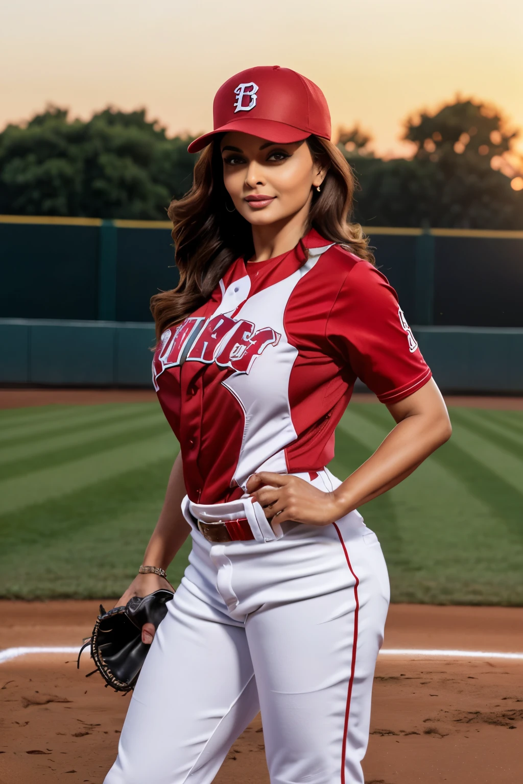 a gorgeous AISHWARYA RAI, age 45 MILF, wavy hair in the wind. she's a men magazine model, She has a subtle smile and flirts with the camera, (she wears a baseball uniform with full length pants and baseball cap:1.2), (she is a pitcher standing on the pitchers mound:1.3), background baseball stadium, large crowd, sundown lighting, perfect eyes, perfect hands, perfect MATURE MILF body, perfect hair, perfect breasts, large breasts, hair behind ear, UHD, retina, masterpiece, accurate, anatomically correct, textured skin, super detail, high details, high quality, award winning, best quality, highres, 16k, 8k, (full bodyshot:1.1), (full length photo:1.15),