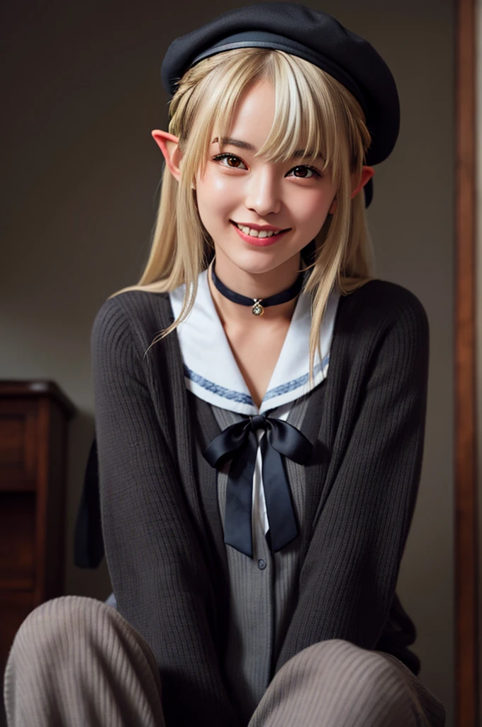 masterpiece、 top quality、 highly detailed faces、 extremely detailed eyes、 very detailed background、 Full Photo、whole body、Feet outside the frame、 1 girl、solo、Shiranui Flare、Blonde、 Dark Elf、 pointed ears、 grey dress、 black cardigan 、 black ribbon、Beret、 sailor color、 French Braid 、 stripe 、 choker 、smile、 medium hair、 long bangs 