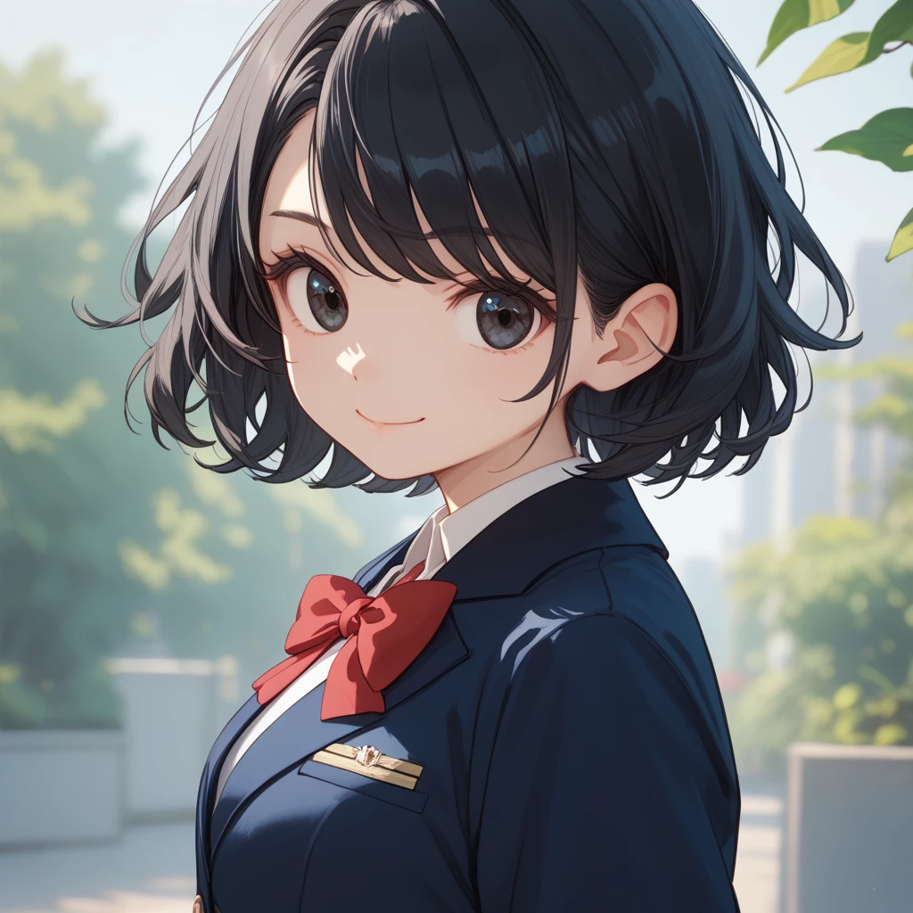   top quality, (15yo:1.0),  black hair, bright hair, medium wolf cut hair, swept bangs, school uniform, Unbreakable fingers,  top qualityの指, smile,  closed mouth, Dark Eyes,  blazer, Navy blue clothes,  Red Ribbons , ish, Round eyes, School,