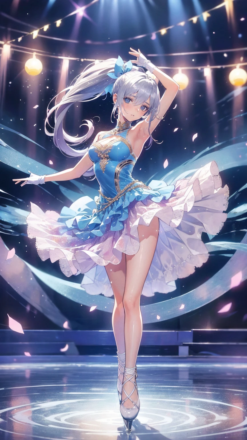  head to toe depiction、 full body view、masterpiece, 最 High Quality , 超 Details,、  ice skating rink  ,Ice Dance/DANCING ON ICE 、 8K Anime Art  ,Very beautiful girl  , one woman,  ponytail, ,( 1 Woman ),Dancing on ice ,("  figure skater"),Beautiful dress,(Ice dancing ),( dynamic:1.3),( dynamic dance),(  beautiful eyes ),(  hair fluttering in the wind :1.0),(Beautiful dress:1.5),(((  light up))),(smile:1.3)、,  Detailsな手の形,  Detailsな指の数,  Details,  High Quality 
