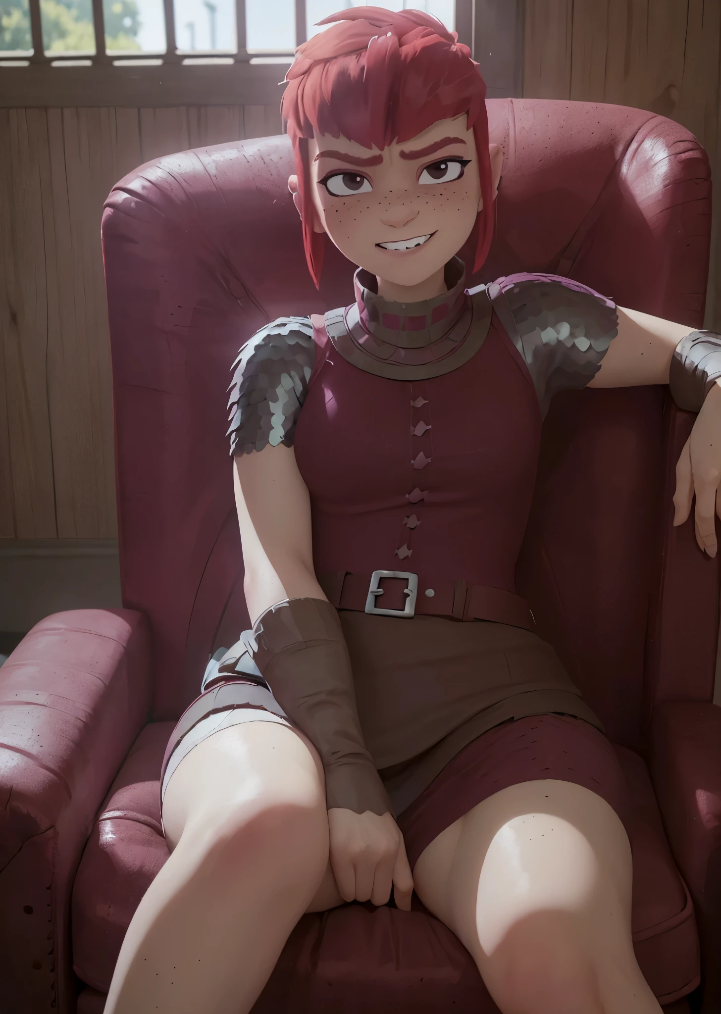 ((nfnimona,)), ((nimona neflix)), ((masterpiece)), ((high resolution)), ((realism)), {(thicc figure), (freckles), (maroon eyes), (half lidded eyes), (long eyelashses), (pink eyeshadow), (bushy red eyebrows), (short red hair), (smug grin), (sharp white teeth)}, {(red sleevless top), (brown pencil skirt), (brown belt on waist), (chainmail under clothes)}, {(sitting in armchair), (legs crossed)}, 