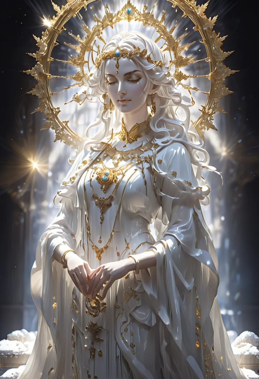 the goddess of justice, standing in a majestic pose.( She has long, snow-white hair) flowing like silk, with a neat blindfold symbolizing impartiality. The goddess is dressed in elegant white and gold robes with delicate decorative patterns emphasizing her divinity. In one hand, (she holds an ancient gold scale), symbolizing balance and justice. The background should be marble or celestial, with a slight glow, creating an atmosphere of grandeur and divine light (4k) full hd