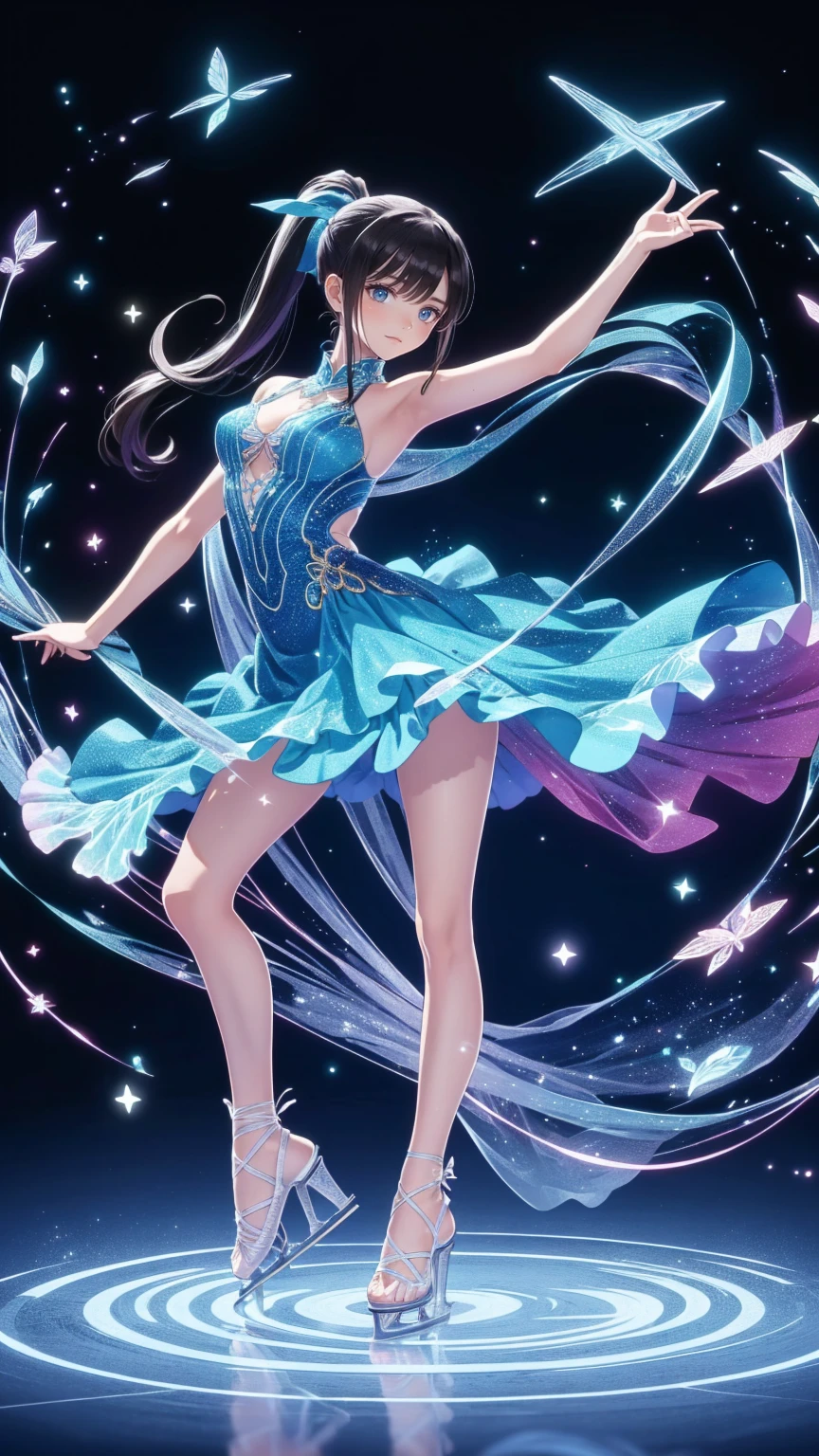  head to toe depiction、 full body view、masterpiece, 最 High Quality , 超 Details,、  ice skating rink  ,Ice Dance/DANCING ON ICE 、 8K Anime Art  ,Very beautiful girl  , one woman,  ponytail, ,( 1 Woman ),Dancing on ice ,("  figure skater"),Beautiful dress,(Ice dancing ),( dynamic:1.3),( dynamic dance),(  beautiful eyes ),(  hair fluttering in the wind :1.0),(Beautiful dress:1.5),(((  light up))),(smile:1.3)、,  Detailsな手の形,  Detailsな指の数,  Details,  High Quality 
