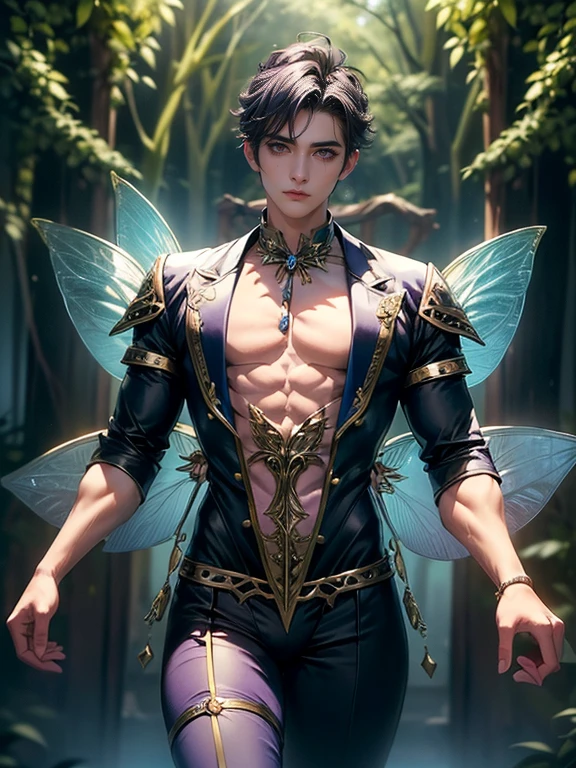 (masterpiece,best quality,ultra_detailed,highres,absurdres), (detailed shadow), (quality light),1 (mature idol male:2.0) (with bulge:1.4), (slanty_eyes), 30-ish, (muscleale focus, solo), short black Quiff hair with Soft Fringe (bangs part on side 3:7 ratio), blue eyes (detailed eyes), androgynous young beautiful pretty cute elegant fairy_queen boy in (fantasy fairy_queen boy outfit:1.9) (loose_bodysuit:1.2) is (standing inside fairy forest), (eyelashes), (thigh_gap), (feminine_girly_sexy_seductive_womanly_milf_femboy), (muscular:1.3), (slim_slender_thin_svelte_lissom), (athletic_muscular), (pectorals), (wide_chest, wide_shoulders), (narrow_waist:1.5), (thick_thighs), (wide_hips, wide_pelvis), (warm_smile:1.4), (arched_back), short hair, looking at viewer, parted lips, ((PERFECT_FACE)), ((finely_detailed_beautiful_eyes_and_detailed_face)), (best_illumination, best_shadow, an_extremely_delicate_and_beautiful)