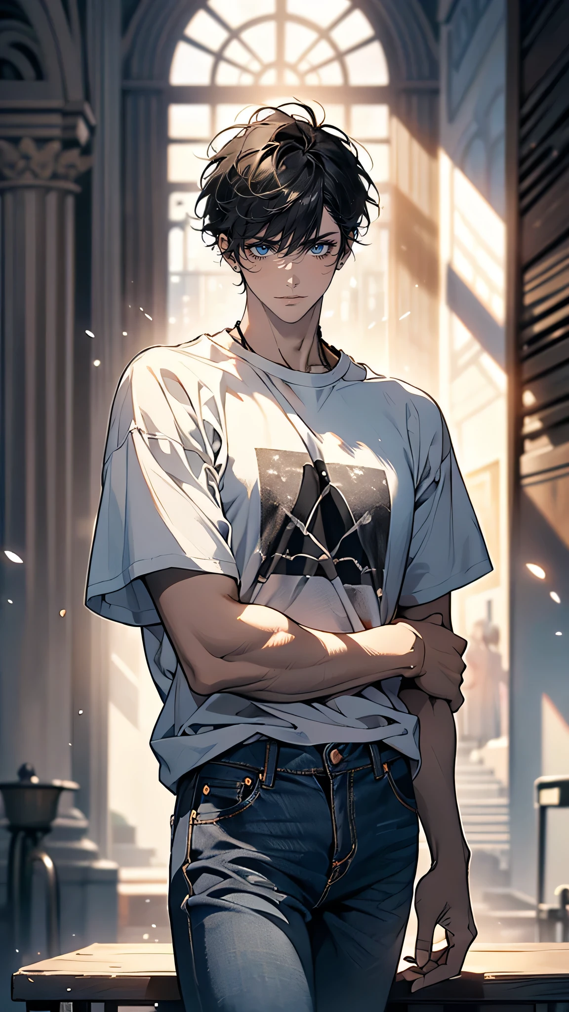 “A tall, composed young man in his early twenties with short black hair and a serious expression. He is dressed in a simple t-shirt and jeans, with a well-worn bass guitar slung over his shoulder. His posture is confident, with a calm and focused demeanor, reflecting his role as the band’s leader. His eyes are sharp, indicating his careful and thoughtful nature, but there is also a hint of weariness from the weight of responsibility he carries. Despite the simplicity of his appearance, there’s a quiet authority about him, as though he is always thinking several steps ahead.”