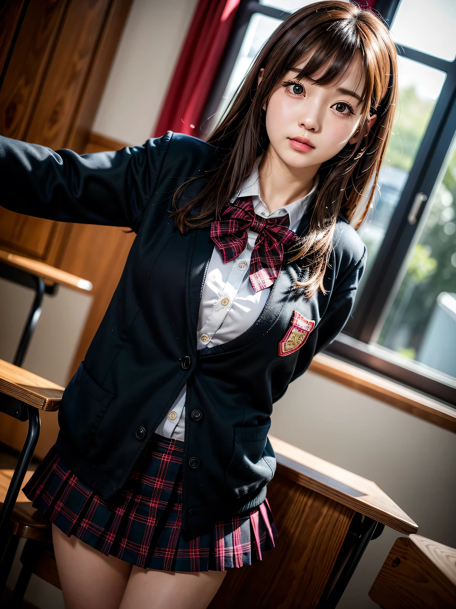 Panties Small、classroom、((Embarrassing))、1girl, brown hair, long hair, bangs, brown eyes, medium breasts, red bowtie, school uniform, black jacket, open jacket, brown cardigan, white shirt, black skirt, plaid skirt, high school girl, blush, White underwear is visible, droopy eyes, shiny skin, glamorous, voluptuous, beautiful breasts, beautiful ass, cute face, Japanese idol, real person, front view, dynamic angle,