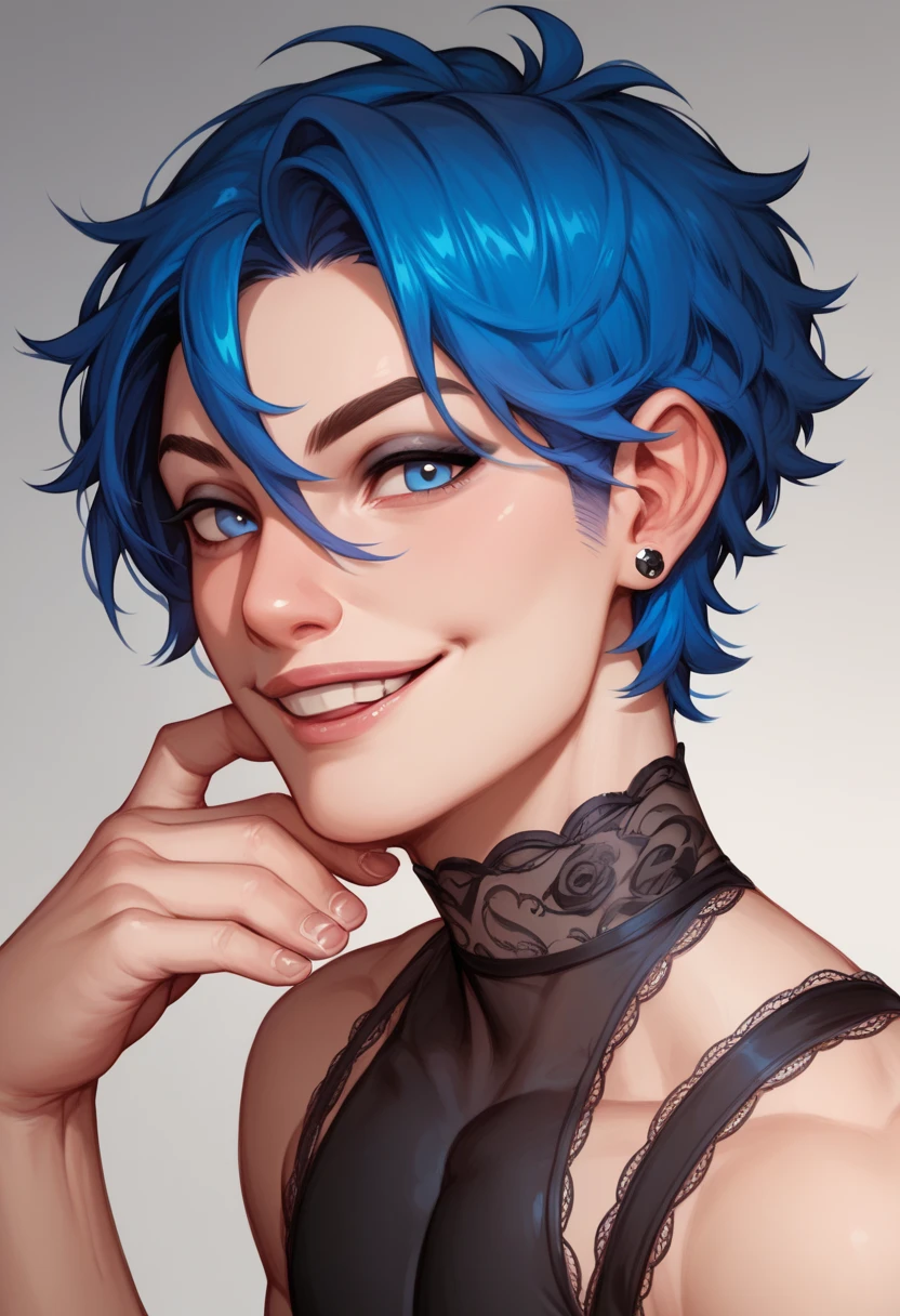 Handsome  17 old boy
Effeminate
Blue eyes
Short, messy blue hair with black gradient , wearing gothic feminine clothing ,Slim and delicate body, Looking at the viewer, smiling blushingly 
