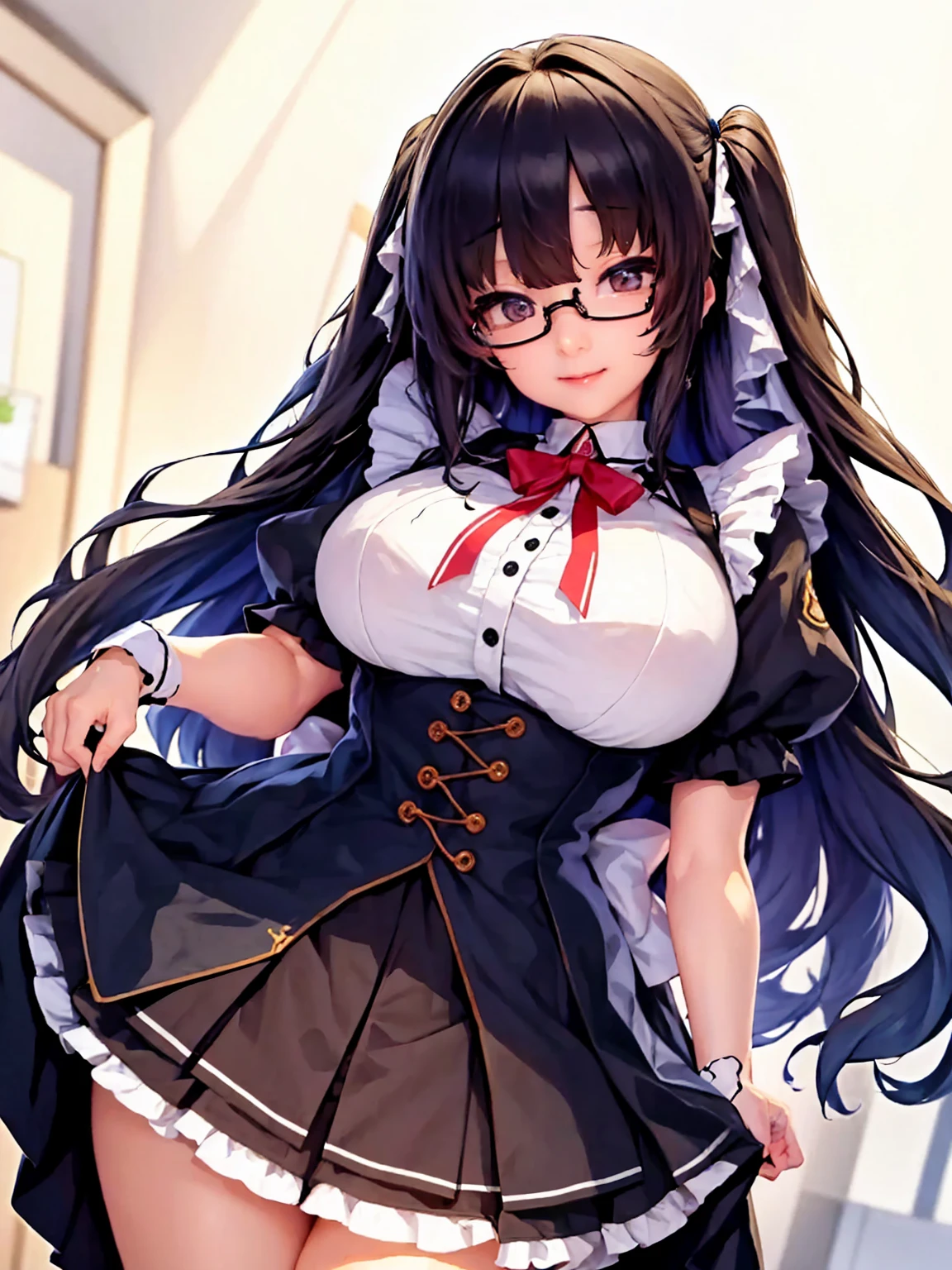 high quality，masterpiece。cute woman。Her hair is black and long，Hair style is straight。she looks tall。Her breasts are huge and very big，The style is also good。She has a cute face that looks good with glasses and is smiling with glasses on.。The clothes are maid clotheaid clothes with fancy ribbons and decorations，The skirt of the maid uniform is a he is standing。