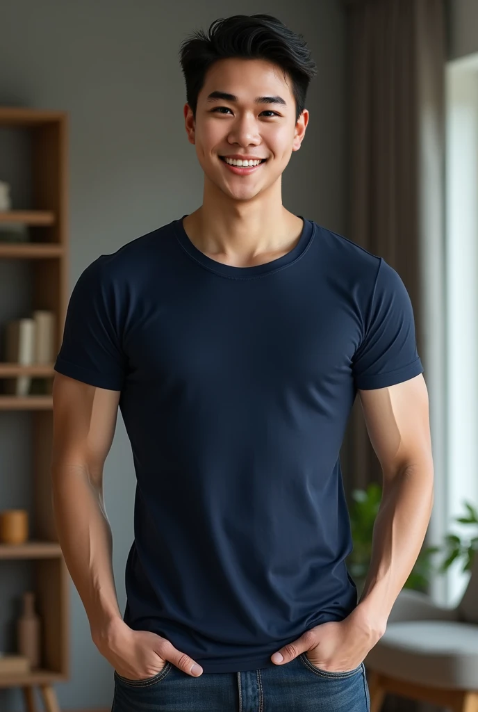 Thai man ,man ,(Blue T-shirt:1.5) ,Jeans ,He is about 30 years old..，Rough and handsome appearance，large breastsj，Big waistline，buzz cut, angry, sullen, best quality, Masterpiece，（Have muscles：4.5），(best quality,high resolution,Masterpiece:1.2),The eyes are natural and delicate..,1 person,alone,gay asian,muscle,Long legs,brave,short hair details,conjunctivitis ,strong,brown eyes, (standing in the kitchen:1.5)，in the market，sitting on the table ,smile