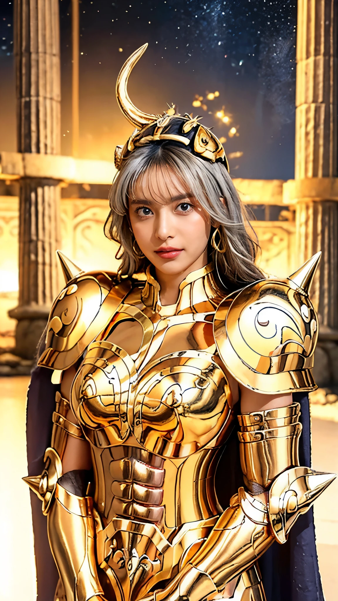 (( 1 woman )))  beautiful 女性,  ultra-realistic photo shoot with cutting-edge details, Greek ruins in the background. ( shiny shiny golden metal armor), Saint Seiya Armor, (((Cancer Armor))),   beautiful,  blue eyes,  tanned skin, Every detail,  beautiful face with details, walking at the  ancient Greek ,  ancient Greek ,  super high resolution , 8k,  Milky Way, Night Sky, ((Wear a golden horned helmet)), Sexy Armor , (Light grey colored hair ),(Arms crossed pose),(Spike Shoulder Armor ),(Bust Top Shot )