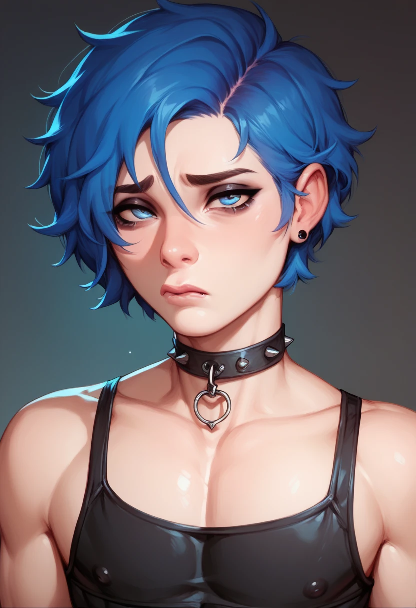 Handsome  17 old boy
Effeminate
Blue eyes
Short, messy blue hair with black gradient , wearing gothic feminine clothing ,Slim and delicate body, Looking at the viewer,Sad, submissive look, femboy, femboy 
