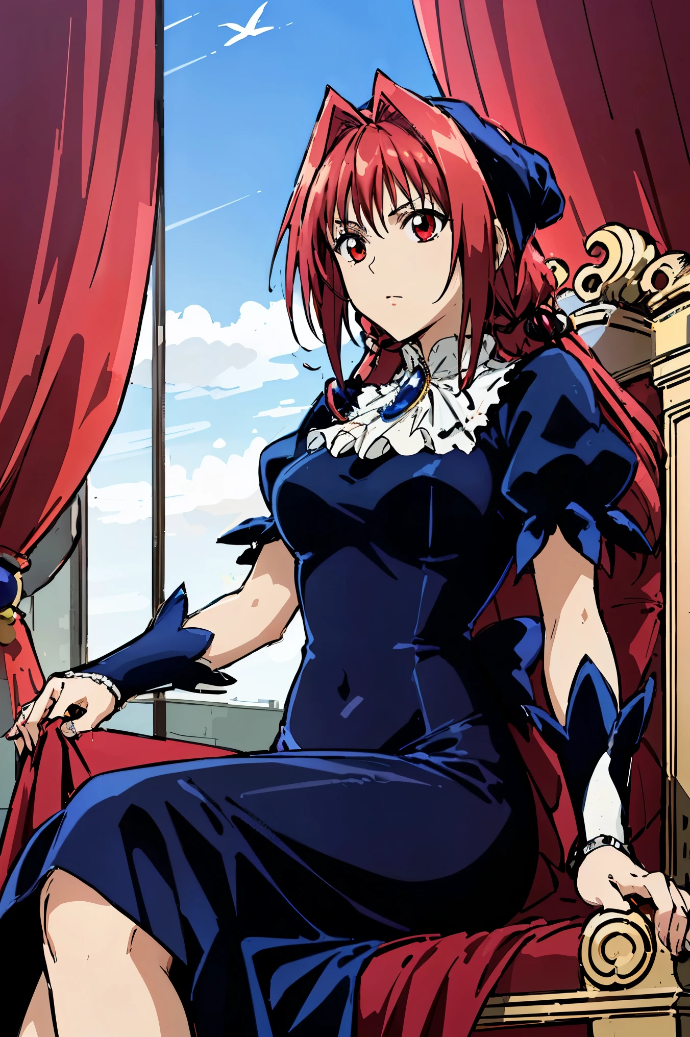 masterpiece, Highest quality,High resolution,Dorothy, Redhead,Red eyes, Have,dress,Braiding, black dress, sitting on a silver throne with rubies and other stones