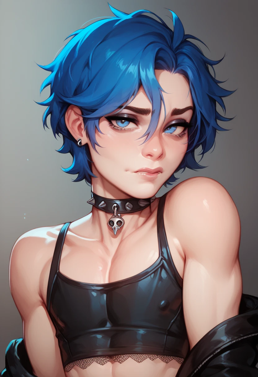 Handsome  17 old boy
Effeminate
Blue eyes
Short, messy blue hair with black gradient , wearing gothic feminine clothing ,Slim and delicate body, Looking at the viewer,Sad, submissive look, femboy, femboy, Light smile  
