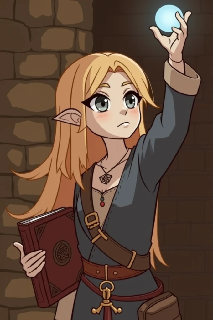 Strong mage human girl, pale skin, stern look, gray eyes, long blonde copper hair, wearing a blue tunic finely decorated, holding a spellbook, belt with a dagger, pentacle necklace, fantasy fireplace background. high quality, lord of the rings style. magic. casting a light globe.