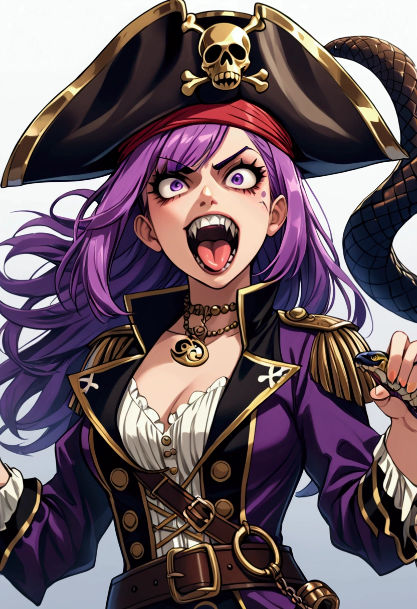 A pirate girl, violet-haired ,  with an expression of madness ,  wearing a pirate hat ,  with the symbol of a cobra, wearing threatening clothes , sharp teeth,  tongue out