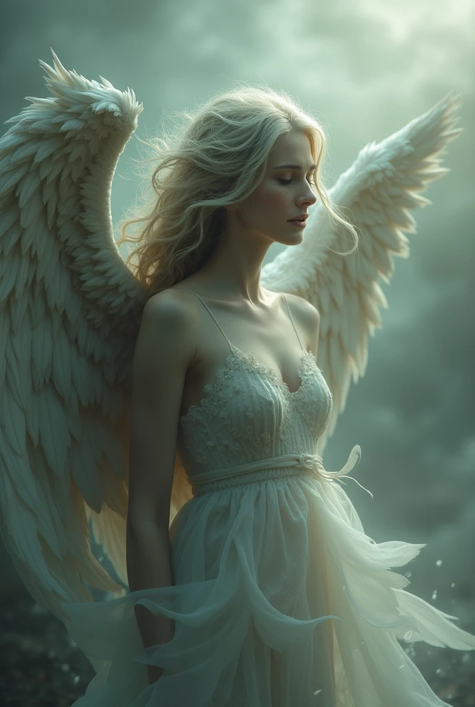 A beautiful angel with her eyes closed and her mouth open, looking like she&#39;s in pain