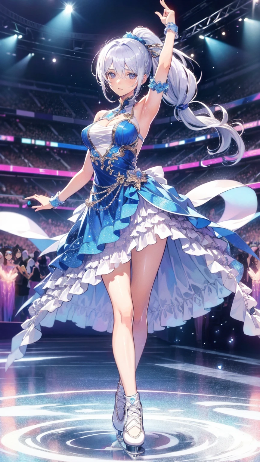  head to toe depiction、 full body view、masterpiece, 最 High Quality , 超 Details,、  ice skating rink  ,Ice Dance/DANCING ON ICE 、 8K Anime Art  ,Very beautiful girl  , one woman,  ponytail, ,( 1 Woman ),Dancing on ice ,("  figure skater"),Beautiful dress,(Ice dancing ),( dynamic:1.3),( dynamic dance),(  beautiful eyes ),(  hair fluttering in the wind :1.0),(Beautiful dress:1.5),(((  light up))),(smile:1.3)、,  Detailsな手の形,  Detailsな指の数,  Details,  High Quality 
