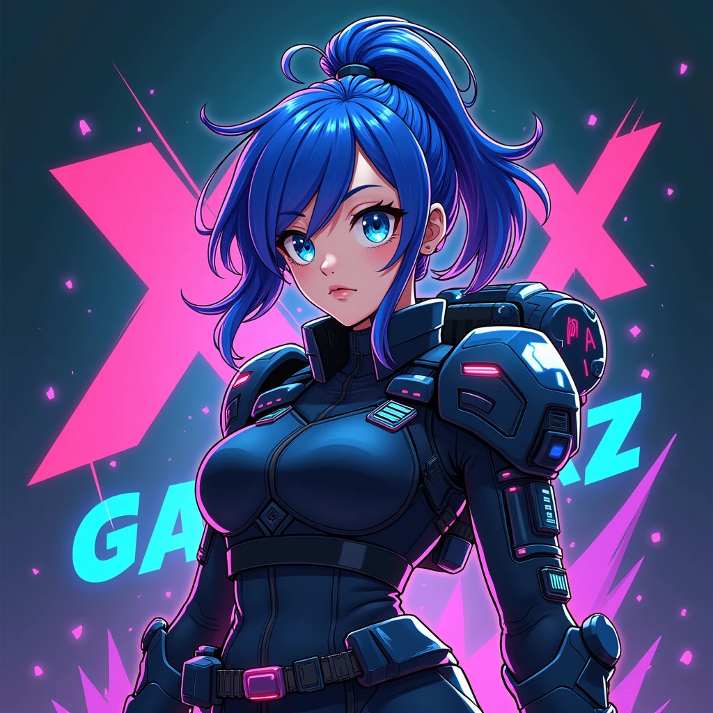 Full shot of a stylized anime girl, likely from a video game. 


The girl is centered in the image and is presented in a dynamic, almost action-pose.  Her hair is a vibrant, electric blue, styled in a high ponytail with strands flowing freely and intensely colored in shades of purple, pink, and blue. Her eyes are large, expressive, and a striking light blue.  Her expression is serious, yet not aggressive; she seems to be looking slightly off to her left side of the frame.


She's dressed in dark-colored, futuristic armor or clothing. It's a mix of sleek, dark navy and black tones with various neon accents and patterns.  The armor has a very mechanical, almost cyberpunk aesthetic. Details like accents, emblems, and what appear to be various pouches and straps are visible.  There is a large backpack or equipment piece on her back, suggesting a warrior type or similar character.



The backdrop is a gradient of dark teal and deep, almost black tones. Bright, vibrant streaks of purple, pink, and teal are painted around her, giving a dynamic, dreamlike quality to the scene.  


The overall style is vivid, bold, and stylized, characteristic of anime and graphic design commonly used in video game art.  The color palettes are bright and energetic, accented by the deep backdrop.  The overall impression is of a strong, independent character.There's a large, bold title featuring the letters "Xmax Gamerz" in a capital, stylized font