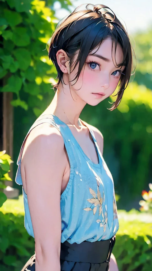 (((pixel-perfect, detail-perfect))), HDR, 4K, 1girl, solo, exposed back, looking at viewer, upper body, black hair, bob_hair, short-hair, short bob hair, (((bobcut) )), ((haircut:1.3)), undercut, bobbed hair, minibob, sidecut, buzz haircut, sidecut, side of head shaved, purple eyes, ((Shave his hair)), Short ear hair, graduation bob, (cowboy shot:1.5), straight short hair, buzzed nape, tank top, nike logo, ((Extremely precise and accurate anatomy:1.0)),Kind eyes,Graceful pose,(Beauty of form:1.4) Golden ratio, big eye,(nature's providence:1.4),