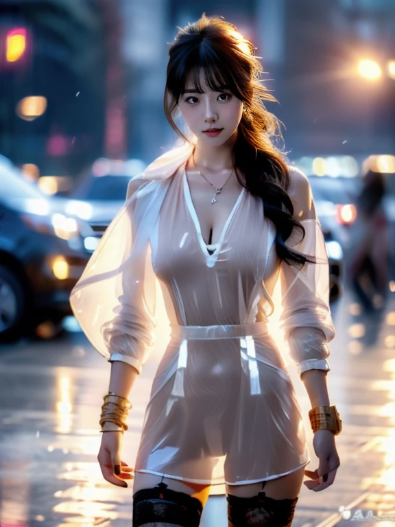 ((A woman)), Holding a long knife in the rain , 站着的美丽Sexy中国华裔美少女,  red乳胶透明短袖, ((看到 red的心形乳贴)), (( red透明薄纱短裙)), ((看到 red的内裤)),  ((( red主题, Exposing the subject, Sexy主题,  cyberpunk style )))
(( Clear Clothes:1.5), ( exposed clothes : 1.5),  (Wet clothes:1.5), (((((Clothes Color:  red))))), ((transparent sci-fi clothes ))), ((((( Clear Clothes看到里面的身材轮廓))))),
 (((winter, ((night)), Uninhabited hot spring environment, Fall, moonlight, Dark environment)))
((desktop:1.0), (最 high quality:1.0), ( high res:1.2), (Reality:1.0),(  Ultra HD:1.3))
((8K Ultra HD, 8K, 超 high res,  high res, 最 high quality,  high quality,  the best image quality , Super Fine,   super clear,  clearly focused,  clear outline, masterpiece, Masterpieces, complete pattern, Detailed photos,  original photo, Delicate facial features, Well-defined, Highly rated works, Close-up depth of field photography,  above the knee , Symmetrical character)), 
((Creating the image of a real girl),  Realistic Shadow ,  soft natural light ,  soft lighting ,  dynamic angle,  dynamic posture for the web, Elegant Posture, Cowboy lens, Full body front view, full of confidence, Facing the camera, Eyes looking towards camera lens, (( standing position)), Open your legs slightly,  spread legs ,  golden ratio graphics ,  minimalism , Center the character), 
((Smile, Sexy的, Balanced Eyes,  realistic eyes ,  Beautifully detailed eyes, Pretty Face , (Realistic face), Normal facial features,  Realistic skin , Pay attention to skin details,  clean and shiny skin , Full body glossy skin,  fair skin ,  anatomical body ,  golden ratio body , Sexy的身材, Detailed and realistic human body)), 
(Perfect makeup, Gloves, earrings, bracelet, necklace, Jewelry, Hair accessories, shawl, sock, Knee socks, 吊garter, Leg ring, garter, 腿部garter), 
(( beautiful hair ),  dark black hair , Wavy curly hairstyle, Waist-length hair, Messy Hairstyle, Gradient Hairstyle, Cyberpunk Hairstyle,  bangs), 
((Sexy的, Beautiful upturned breasts, Perfect breast shape, Teardrop chest shape, Snow-white breasts,  Very Detailed Breasts , 34D Cup , Realistic breasts, Realistic areola, Realistic nipples)), 
(Super high waist, Deep V, Low-cut, Sexy, Charming, Open crotch, (Clear camel toe, (High fork and genitals))),